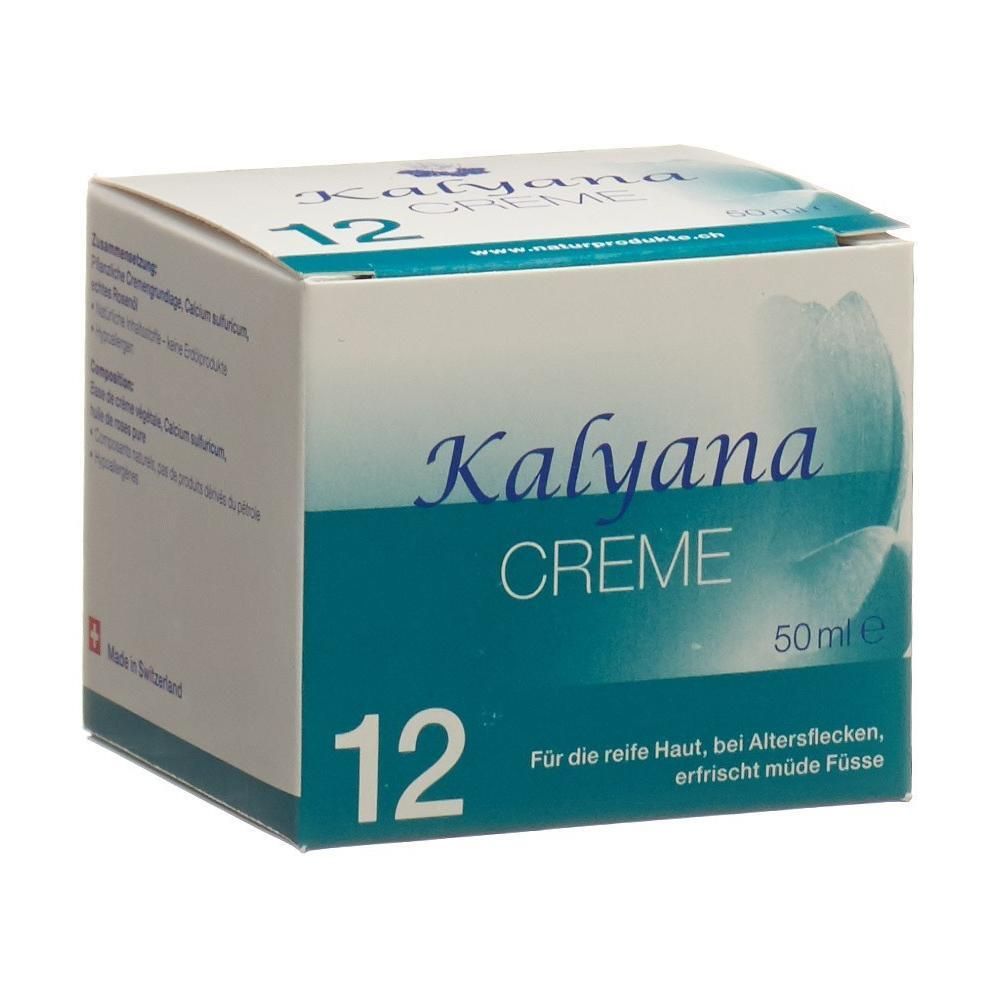 KALYANA 12 Creme Kartonverpackung mit Produktinformationen und Schweizer Kreuz.