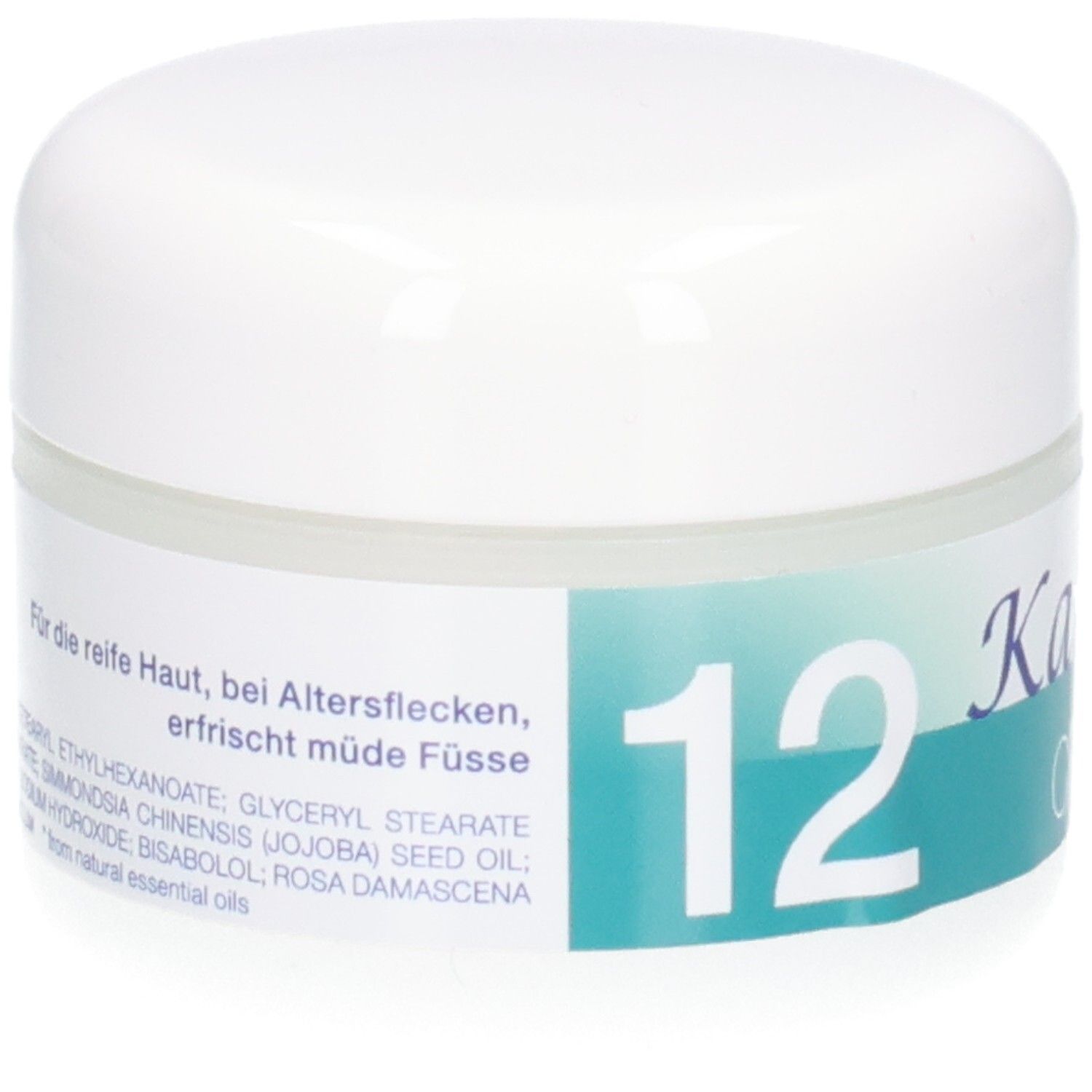 KALYANA 12 Creme Tiegel mit Etikett, das Anwendungshinweise und Inhaltsstoffe auflistet.