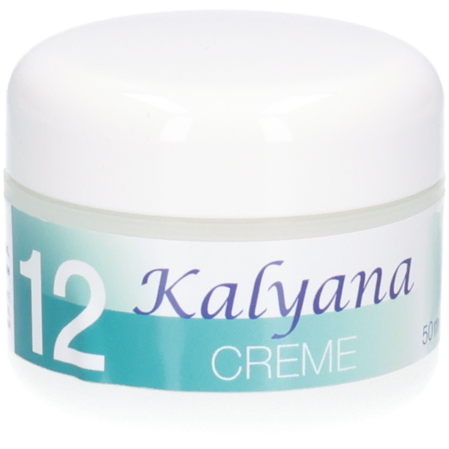 KALYANA 12 Creme Tiegel mit weißem Deckel, Etikett mit Produktnamen und 50ml Angabe.