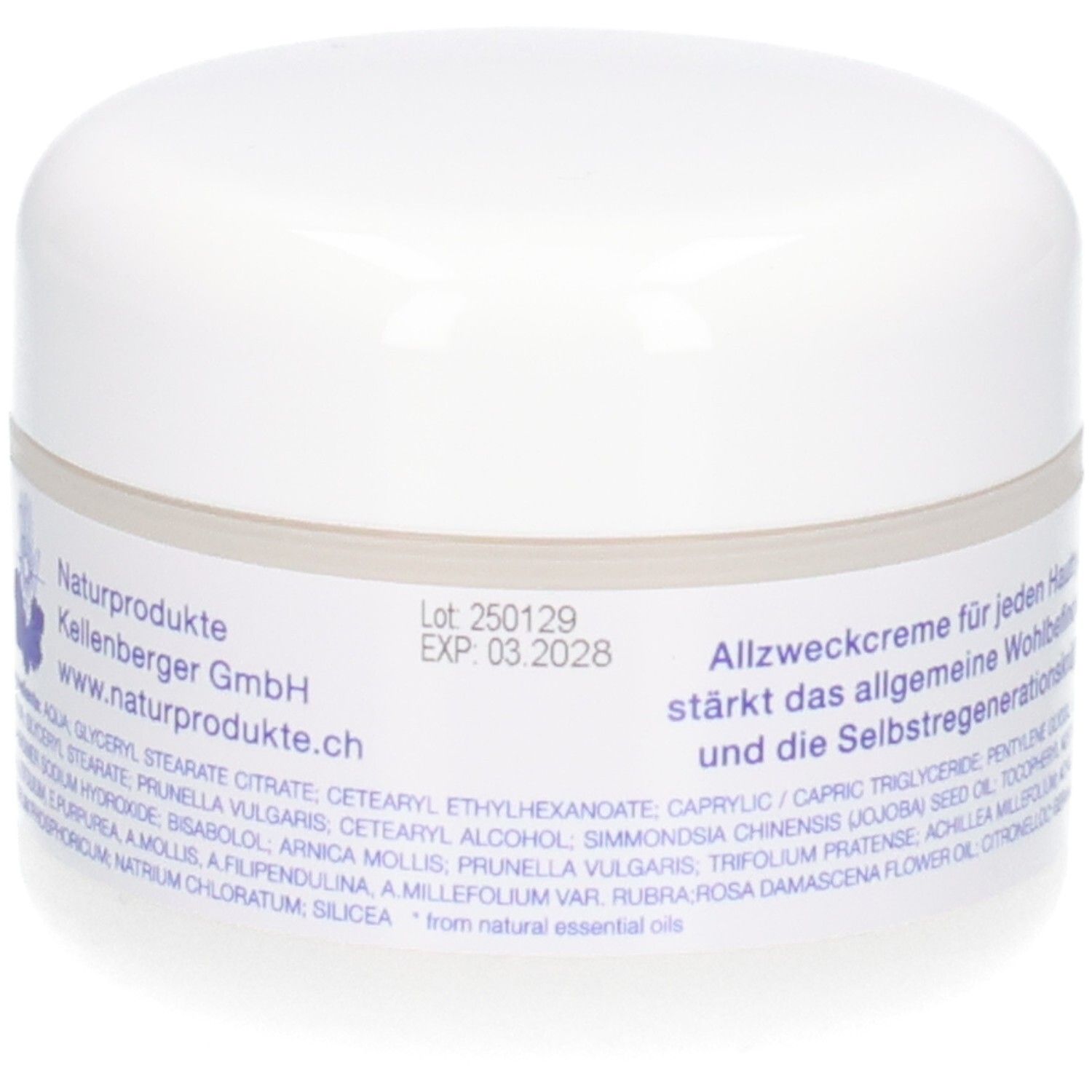 Rückseite des Kalyana Creme 50ml Tiegels mit Chargennummer und Verfallsdatum.
