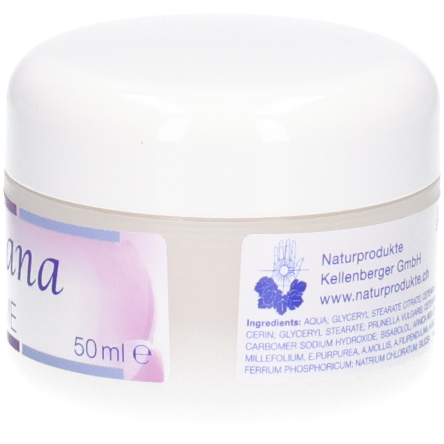 Seite des Kalyana Creme 50ml Tiegels mit Inhaltsstoffliste und Herstellerangaben.