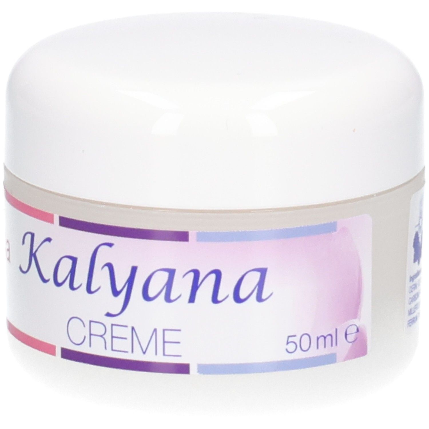 Kalyana Creme 50ml Tiegel mit Etikett, das Inhaltsstoffe und Hersteller zeigt.