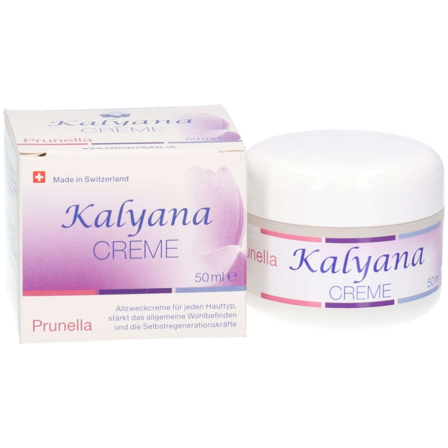 Kalyana Creme 50ml Tiegel neben seiner Umverpackung, beide mit floralem Design.