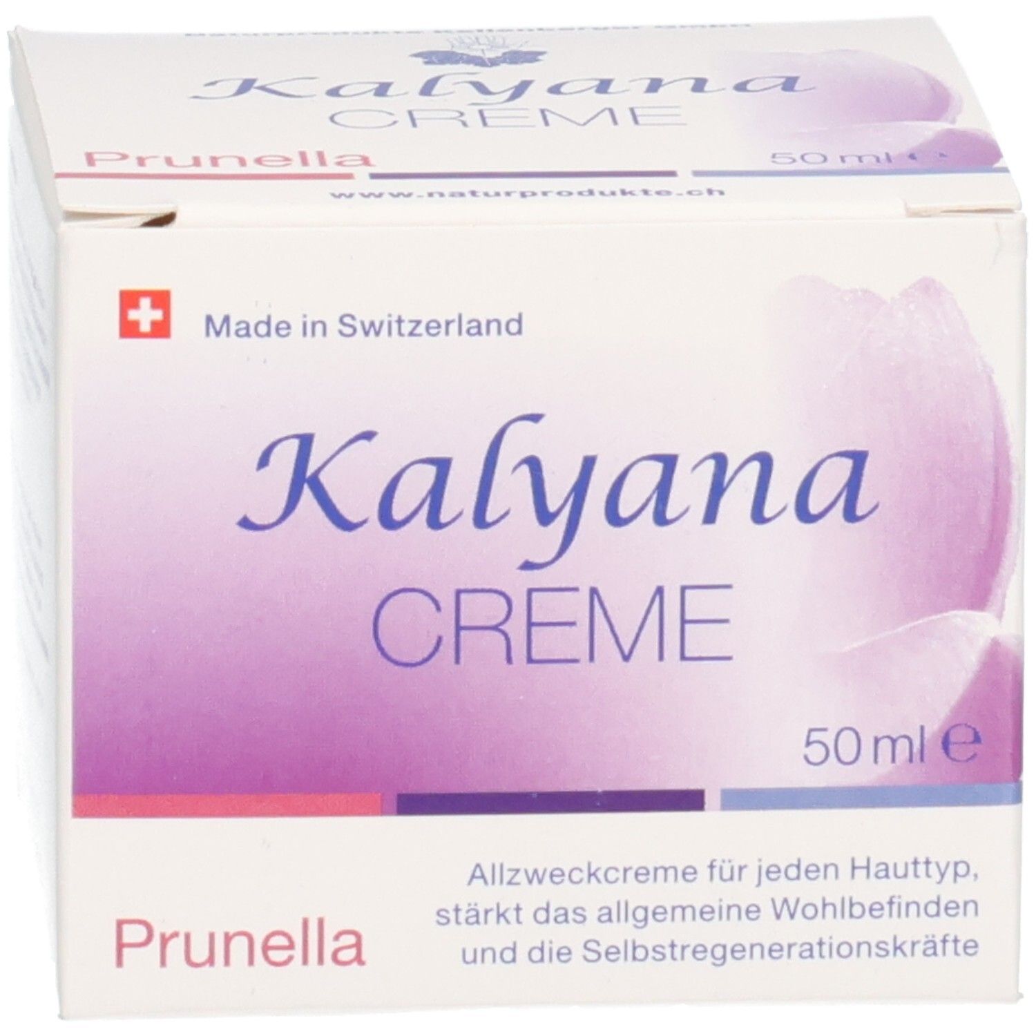 Vorderseite der Kalyana Creme 50ml Umverpackung mit Schweizer Kreuz und Produktnamen.
