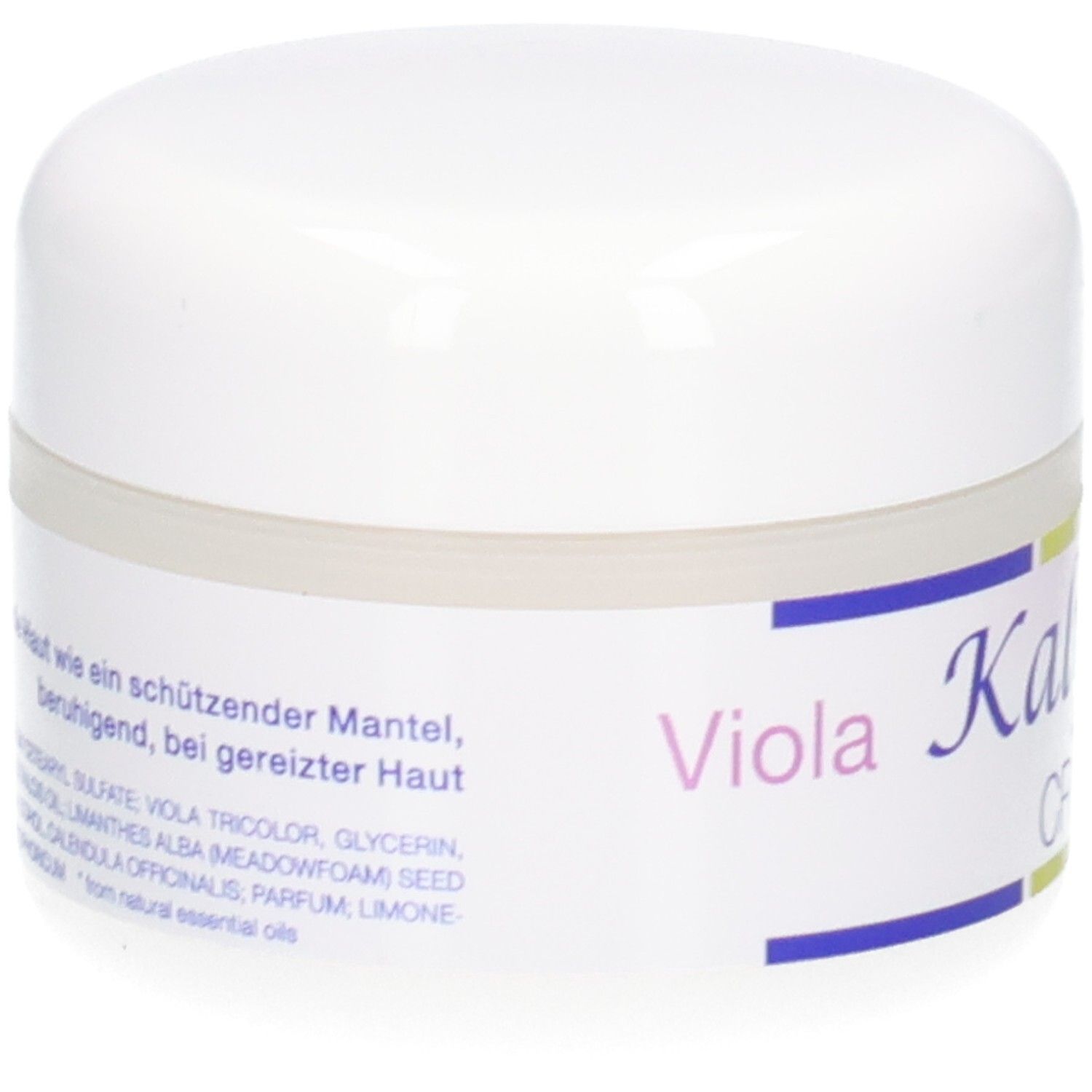 KALYANA 14 Creme mit Viola 50 ml Tiegel. Seitenansicht mit Zutatenliste.