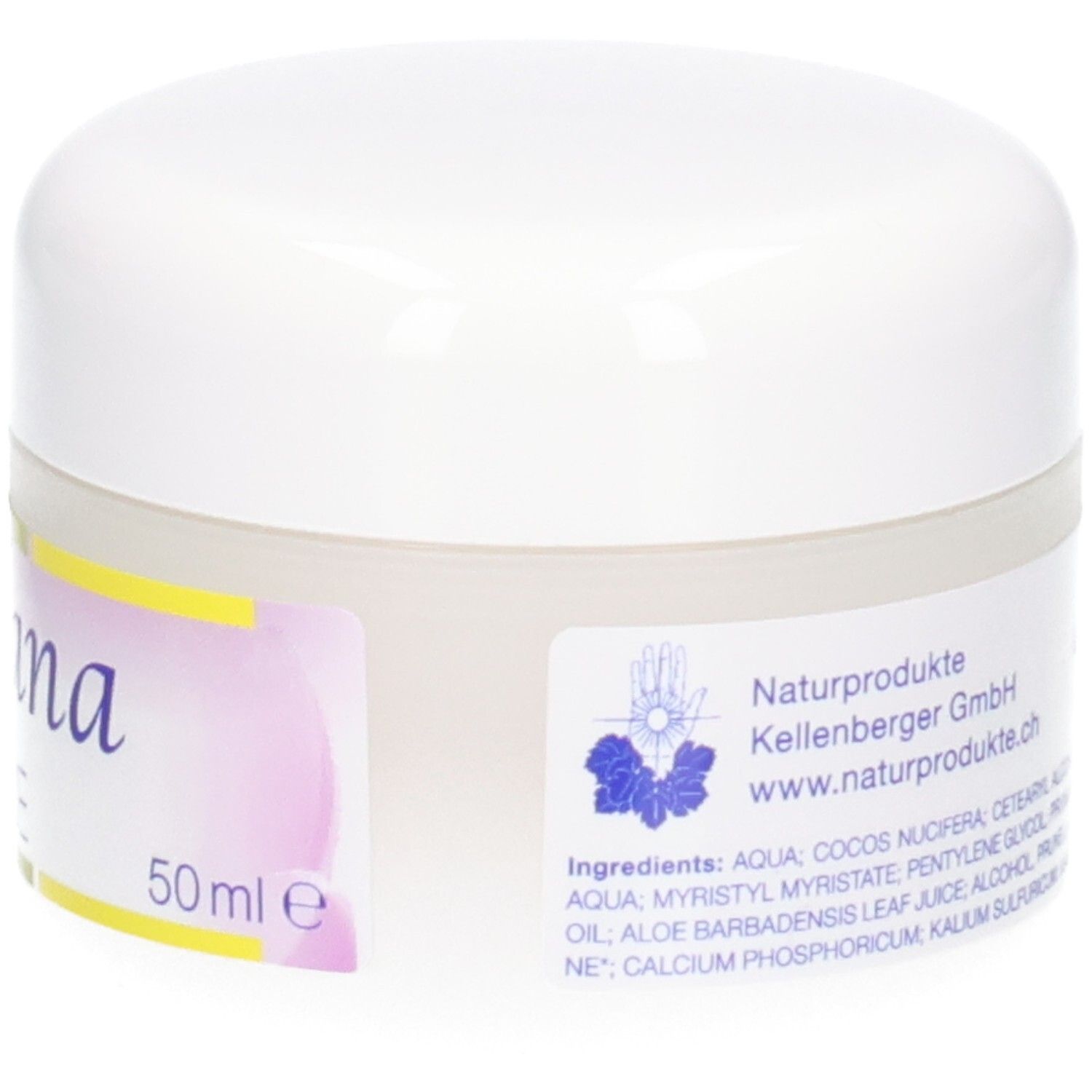 KALYANA 14 Creme mit Viola 50 ml Tiegel. Seitenansicht mit Zutatenliste.
