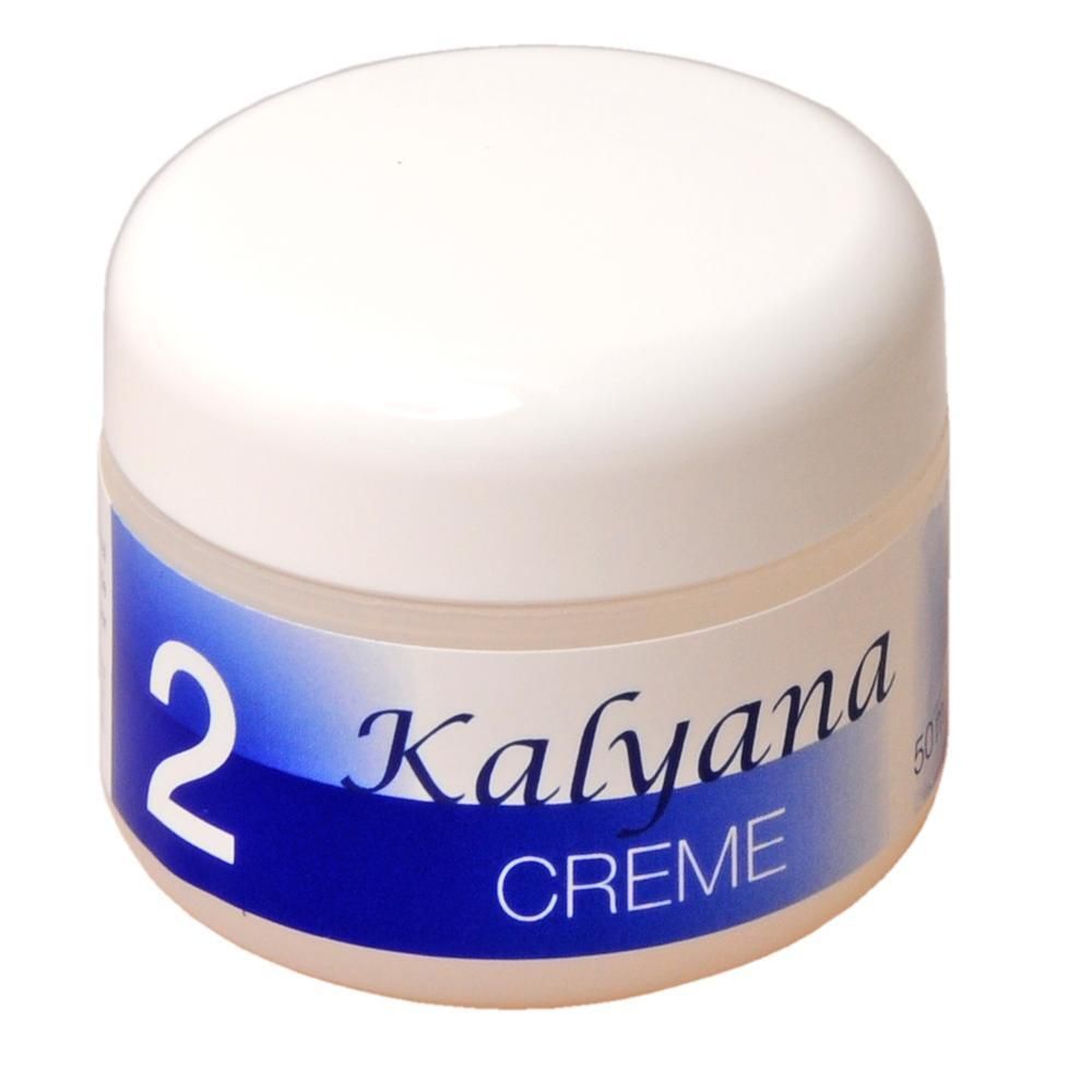 KALYANA Creme 2 in weißem Tiegel mit blauem Etikett.