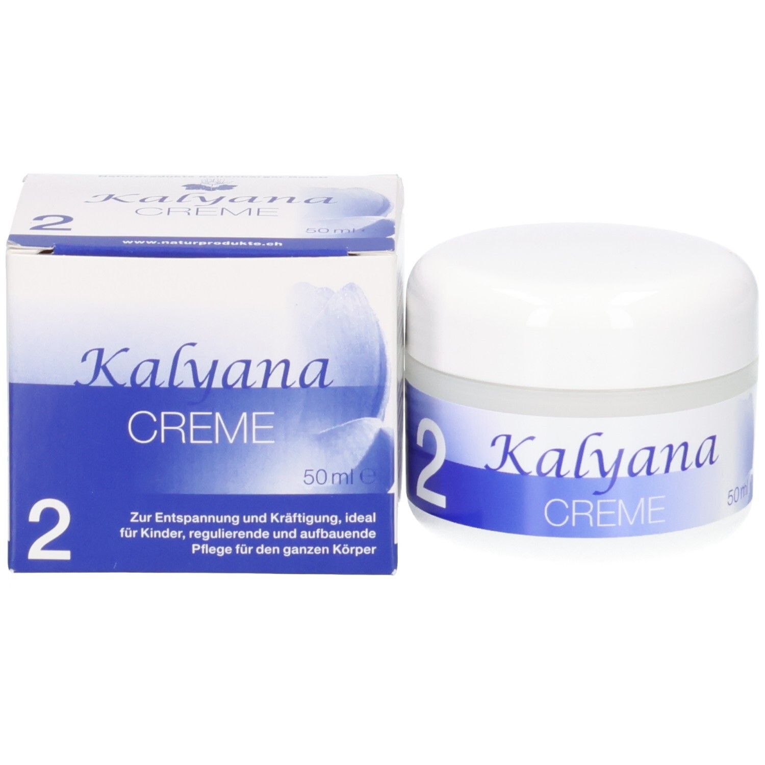 KALYANA Creme 2 in weißem Tiegel mit blauem Etikett.