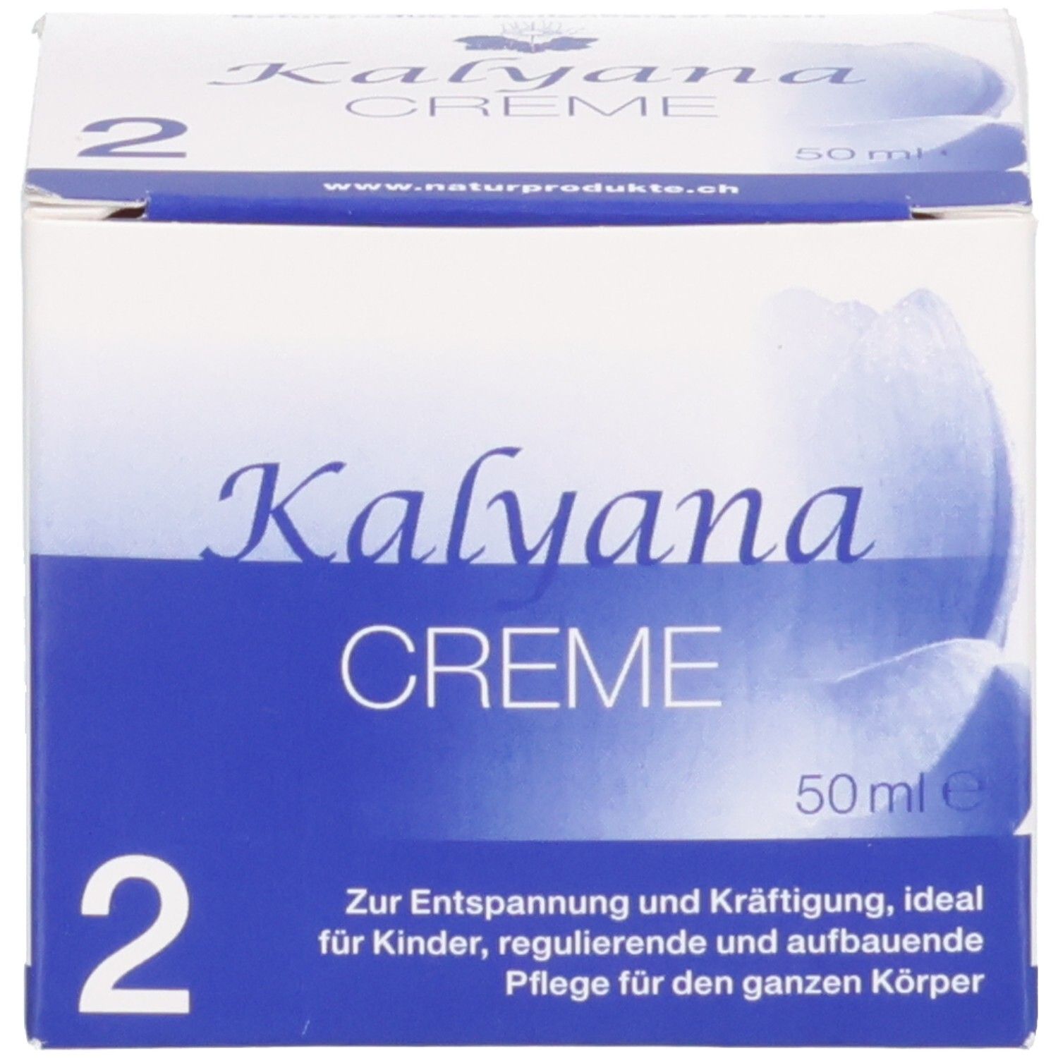 KALYANA Creme 2 und Faltschachtel mit blauer Beschriftung.