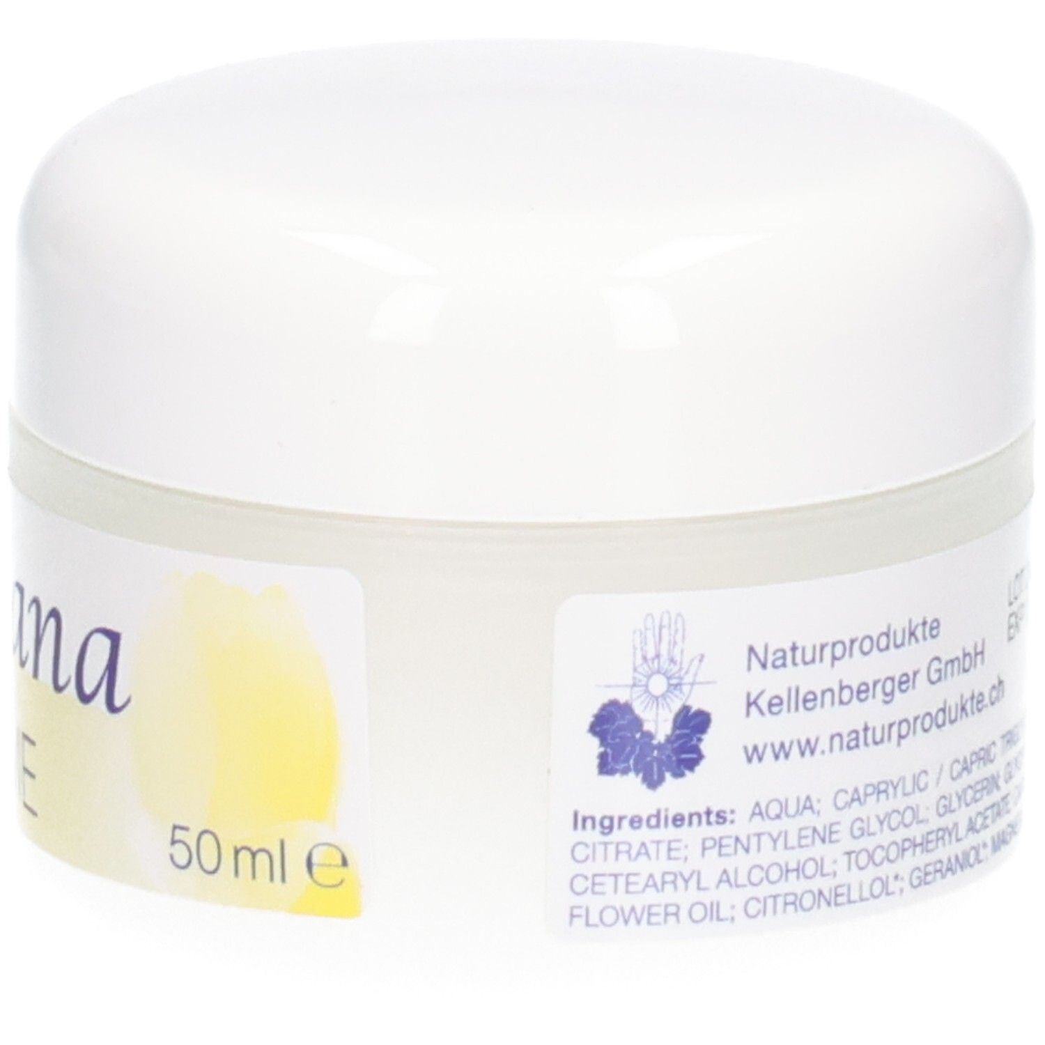 Pot KALYANA 7 Crème avec étiquetage, ingrédients et informations fabricant.