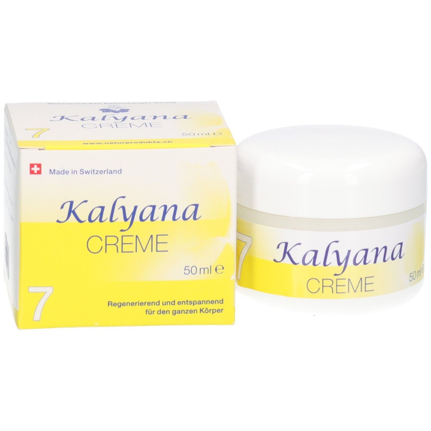 KALYANA 7 Creme Karton und Tiegel mit Beschriftung.