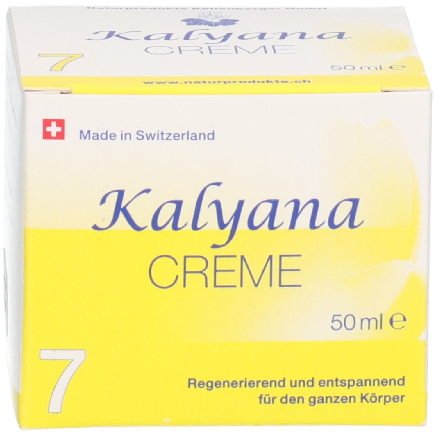 KALYANA 7 Creme Karton mit Schweizer Kreuz und Beschriftung.