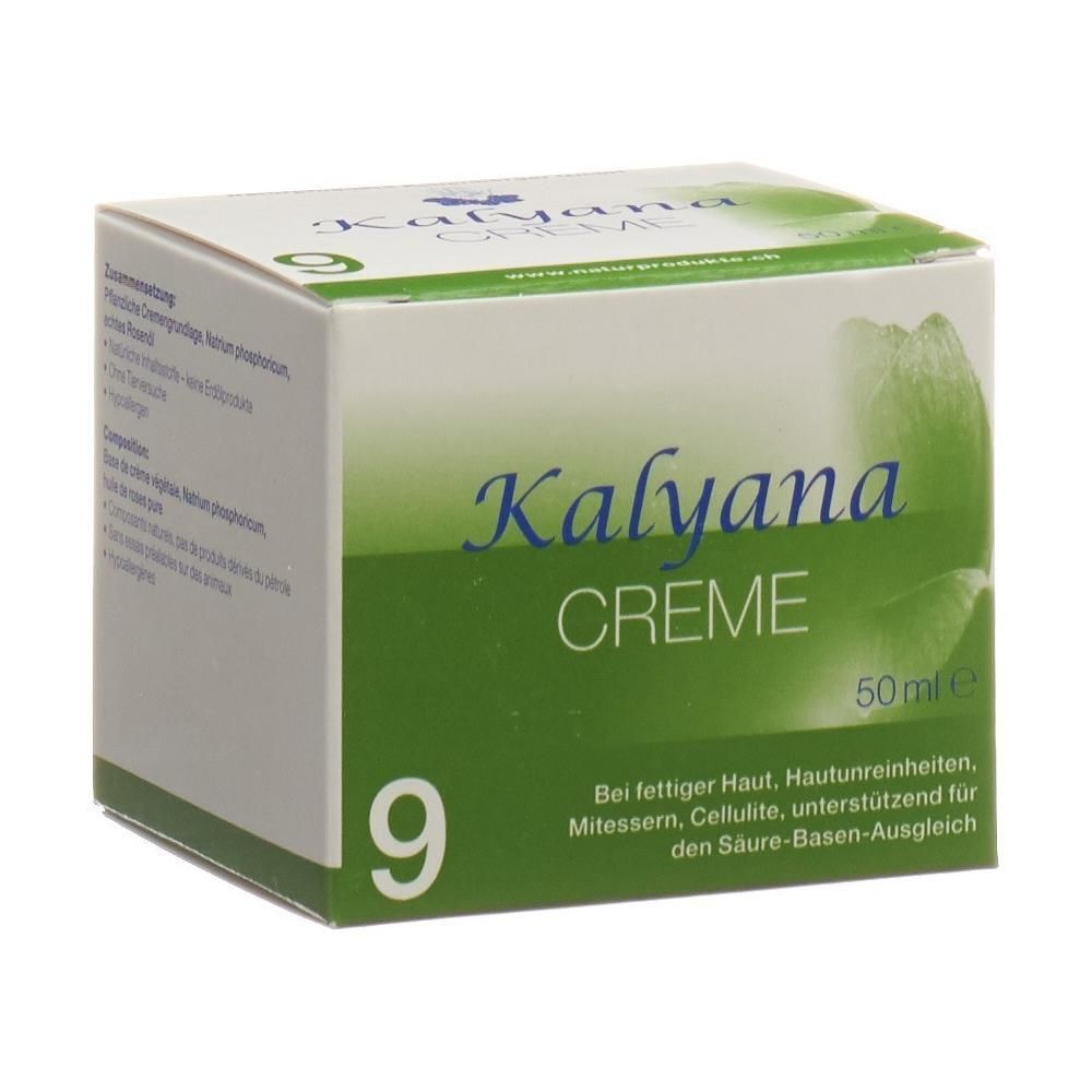 Kalyana Creme 9 mit Natrium phosphoricum, 50 ml, in grüner und weißer Kartonverpackung.