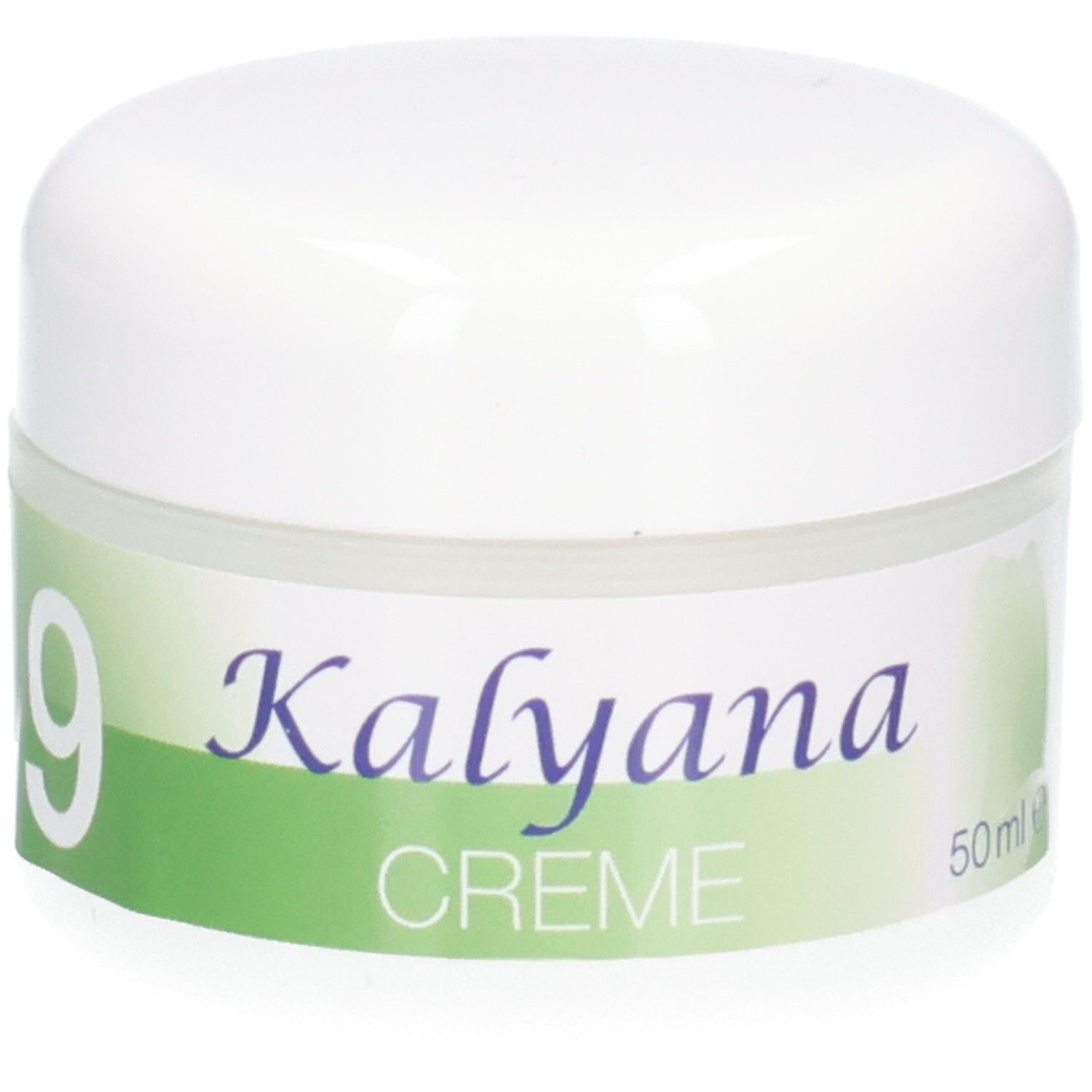 Kalyana Creme 9 mit Natrium phosphoricum, 50 ml, weißer Tiegel mit grünem Etikett.