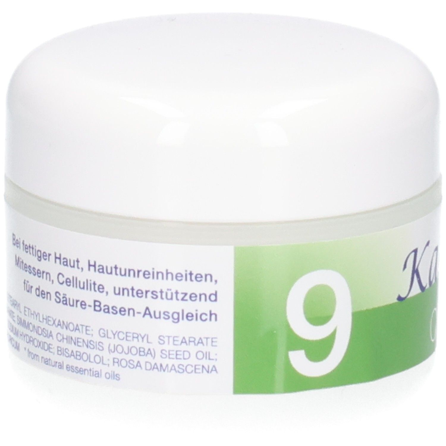 Kalyana Creme 9 mit Natrium phosphoricum, 50 ml, Rückseite des weißen Tiegels mit Etikett.