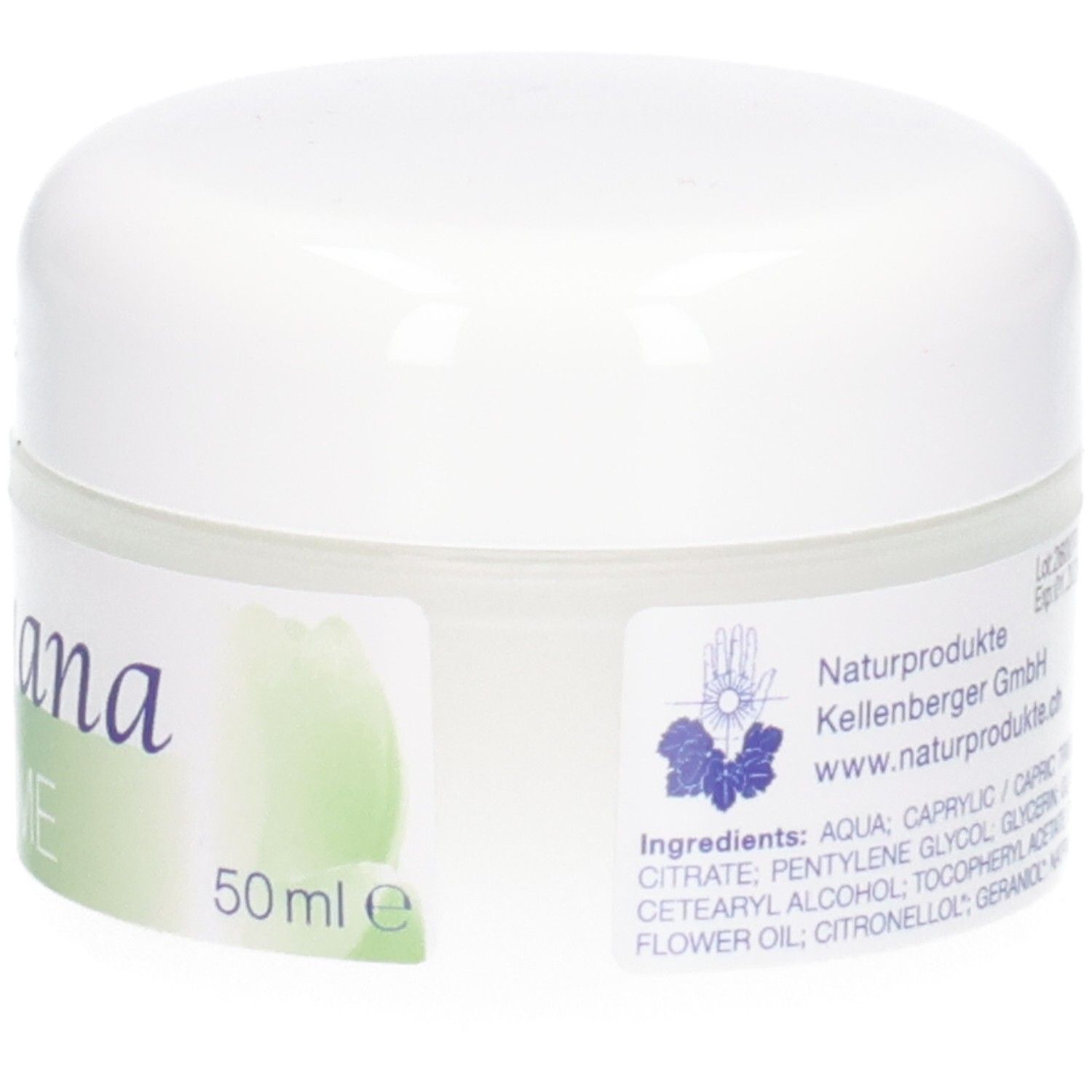 Kalyana Creme 9 mit Natrium phosphoricum, 50 ml, Seite des weißen Tiegels mit Etikett.