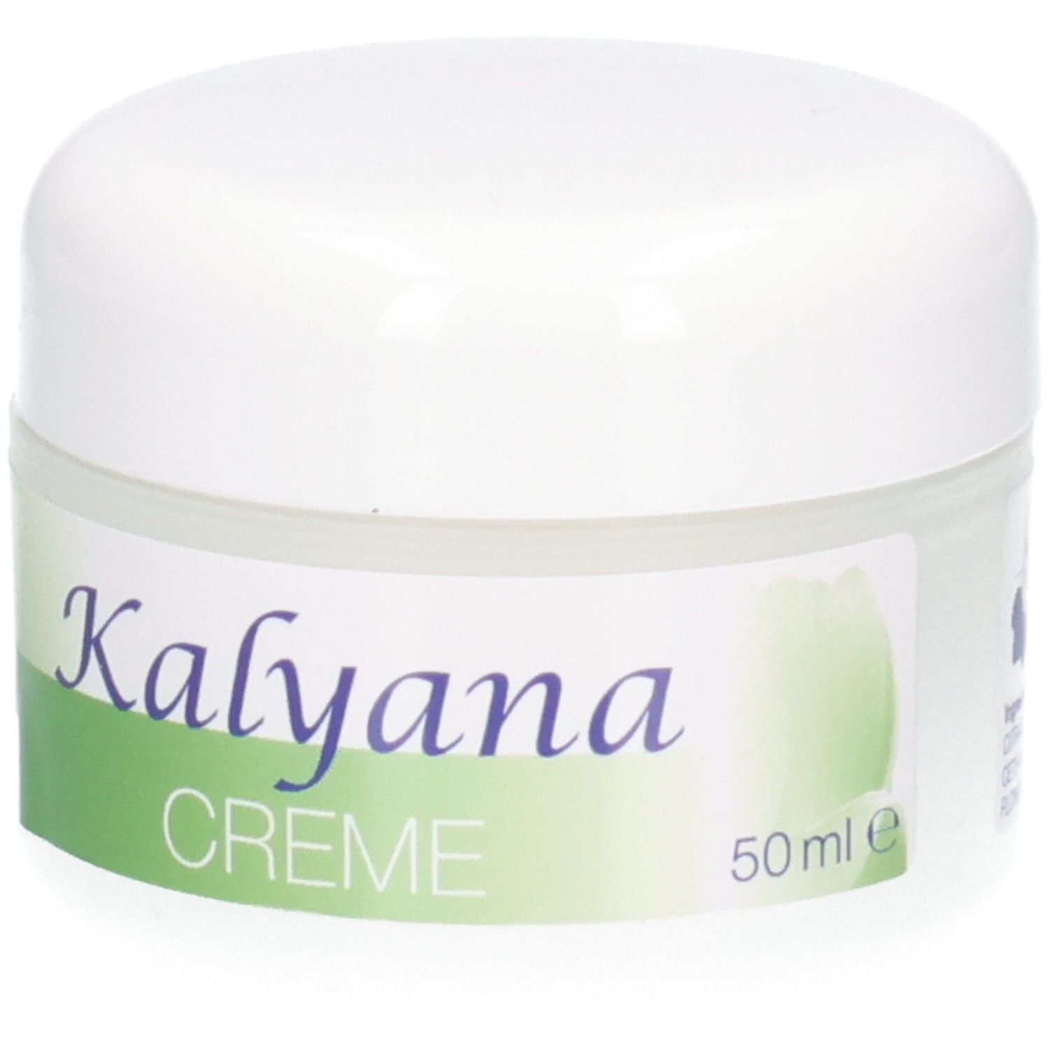 Kalyana Creme 9 mit Natrium phosphoricum, 50 ml, Seite des weißen Tiegels mit Etikett und Inhaltsstoffen.