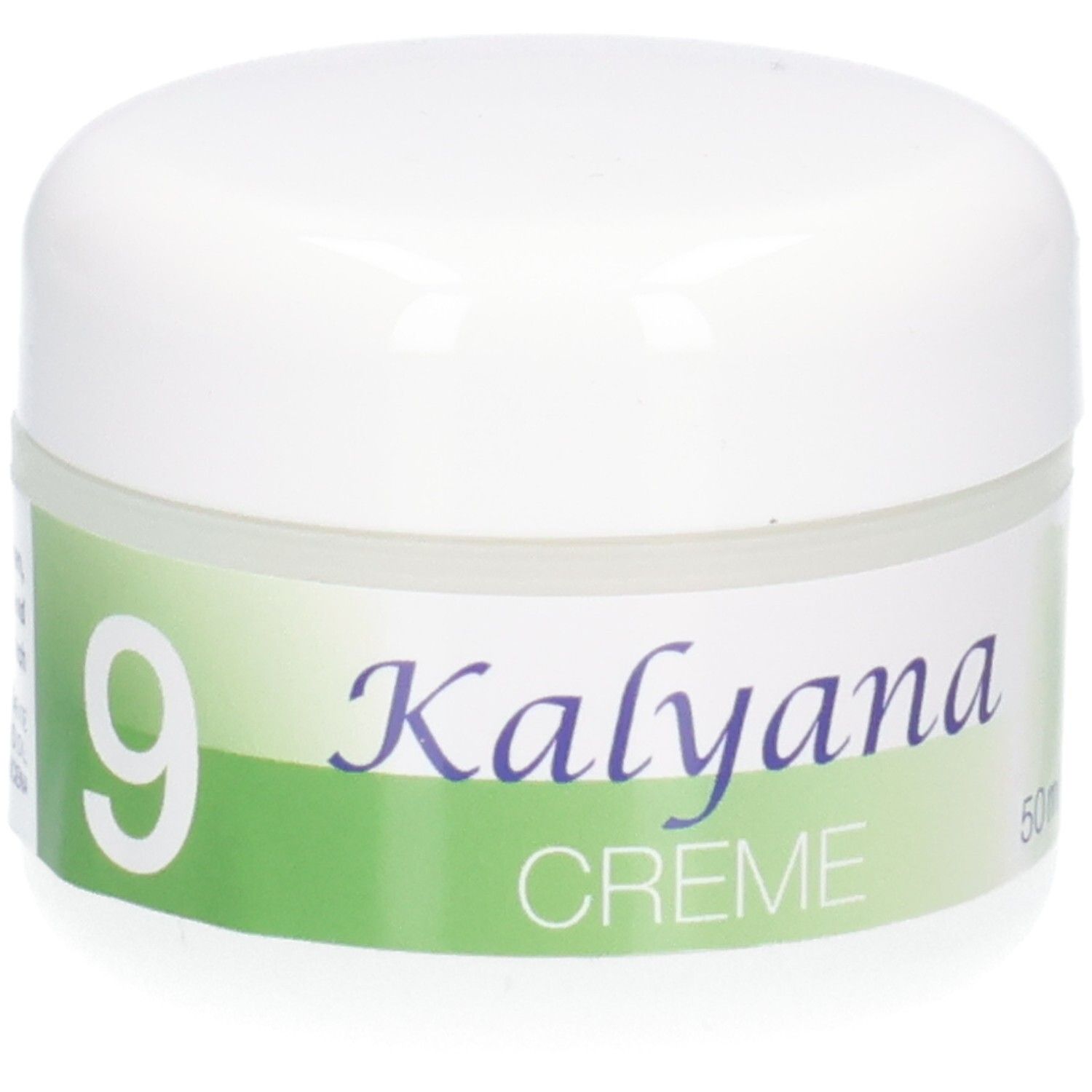 Kalyana Creme 9 mit Natrium phosphoricum, 50 ml, Seite des weißen Tiegels mit Etikett und Herstellerangaben.
