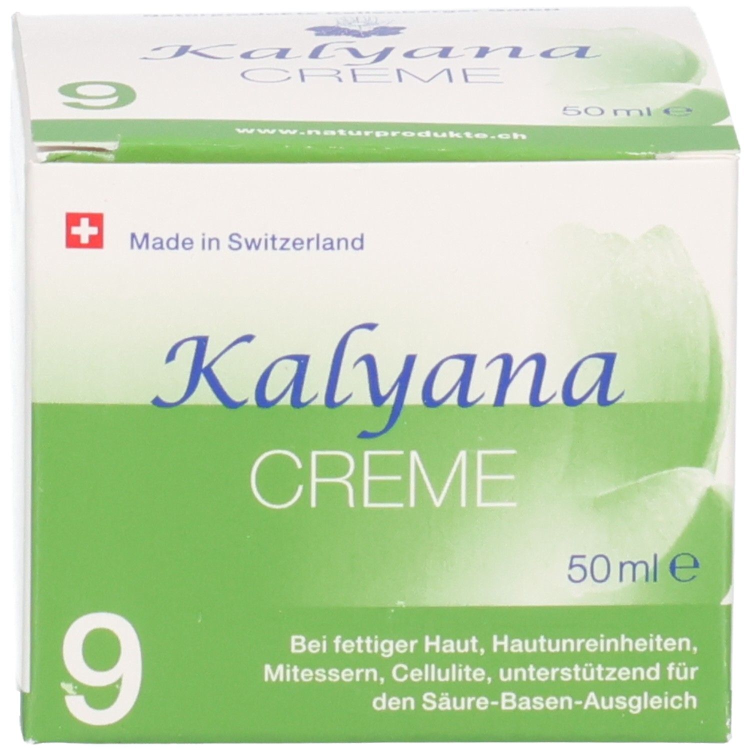 Kalyana Creme 9 mit Natrium phosphoricum, 50 ml, Vorderseite des weißen Tiegels mit Etikett.
