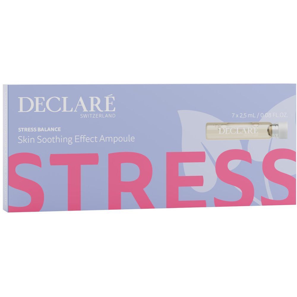 Boîte Declare Hautberuhigungs Effect Ampoule. Texte: Stress, Skin Soothing Effect Ampoule. Contient une ampoule.