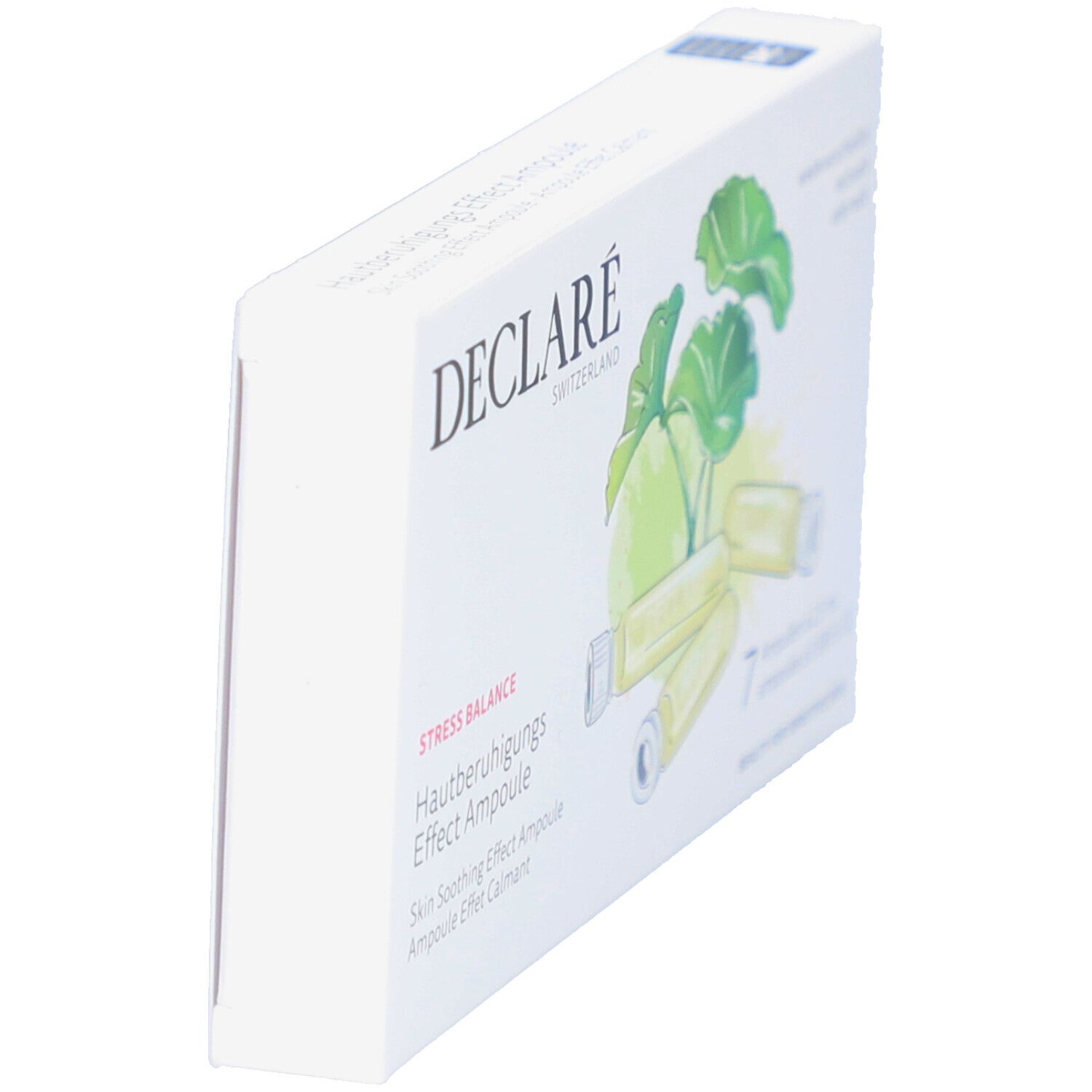 Weißer Karton, DECLARÉ-Logo sichtbar. Seitenansicht mit Text: Stress Balance, Hautberuhigungs-Effect Ampulle. 7 Ampullen.