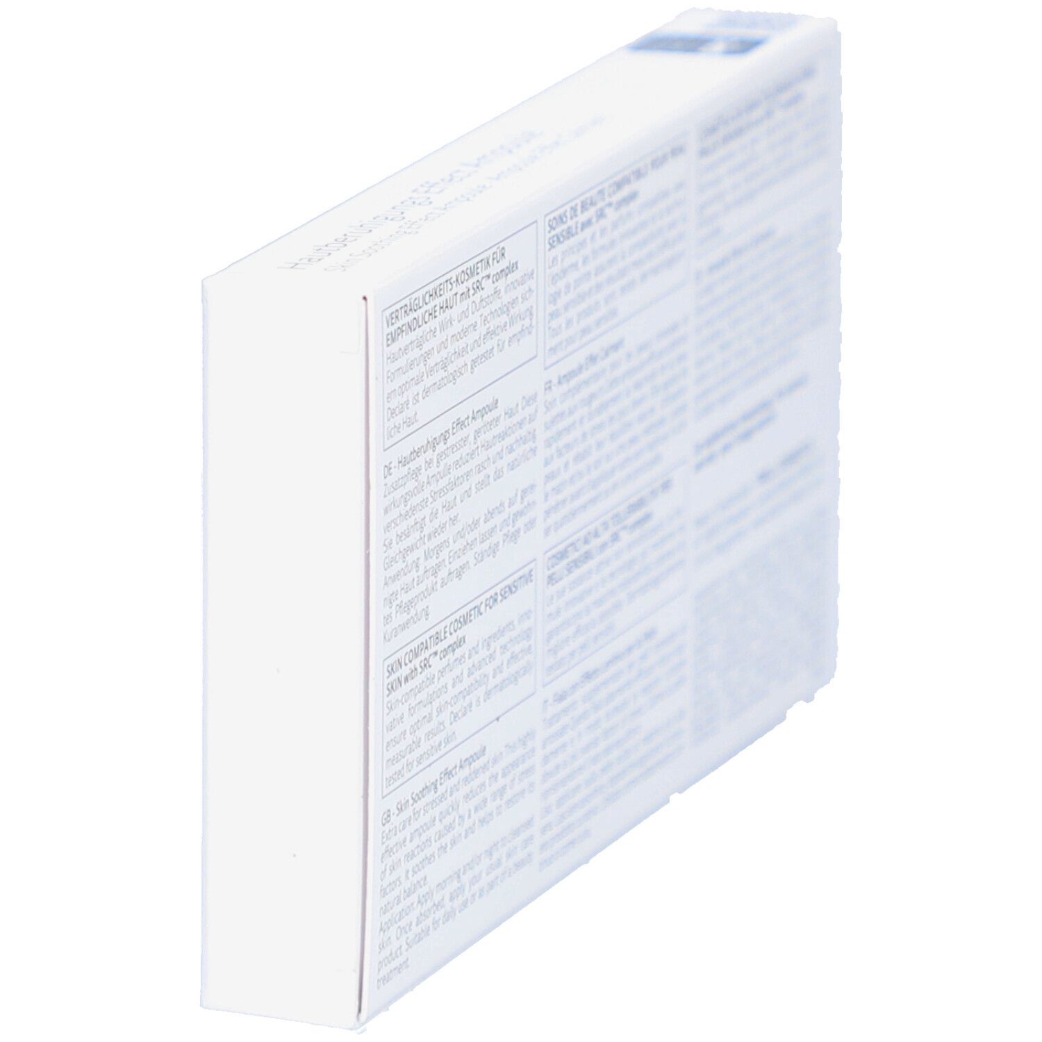 Seitenansicht des weißen Kartons. Text in mehreren Sprachen. Informationen zu Inhaltsstoffen und Anwendung.