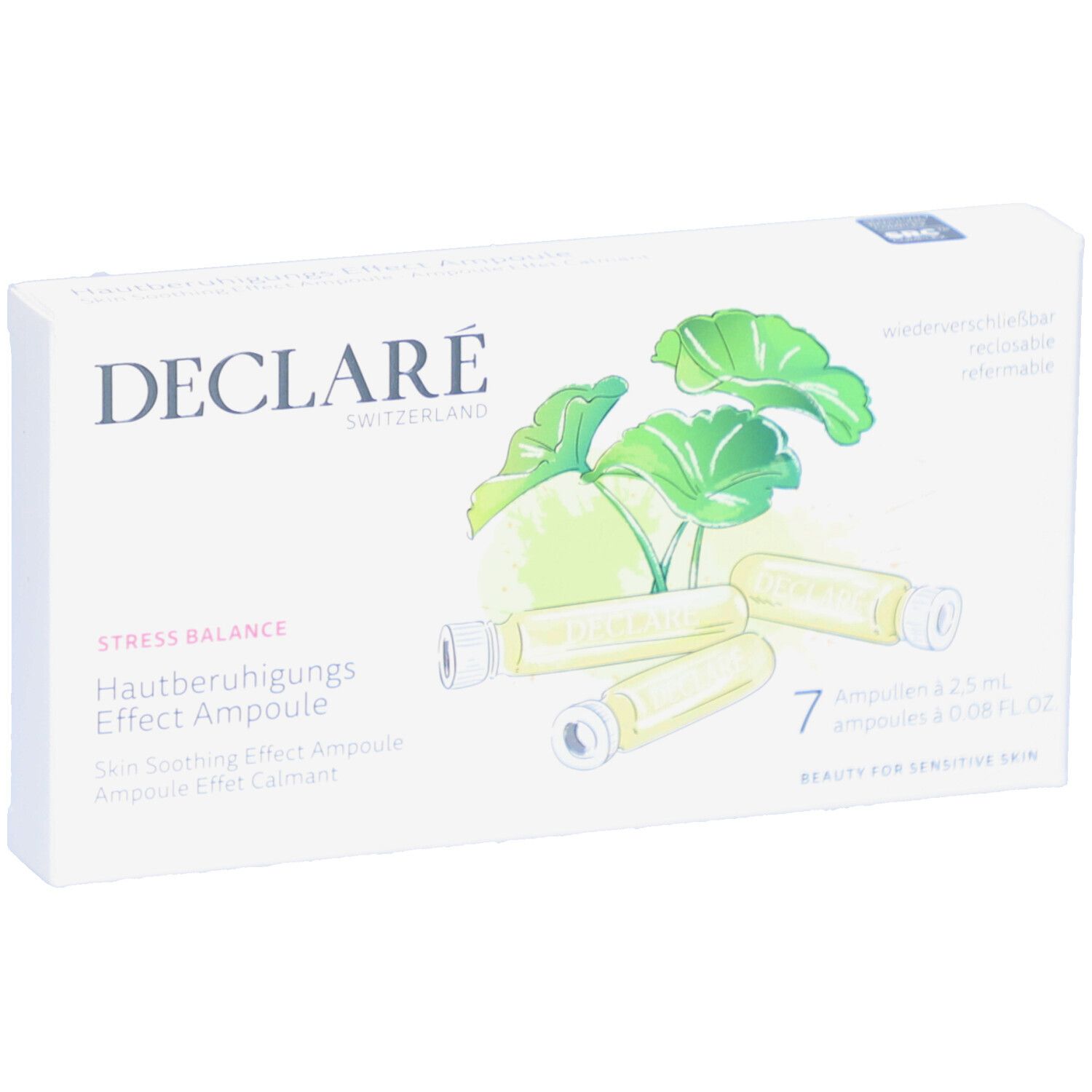 Weißer Karton mit DECLARÉ-Logo und Ampullen-Abbildung. Text: Stress Balance, Hautberuhigungs-Effect Ampulle. 7 Ampullen.