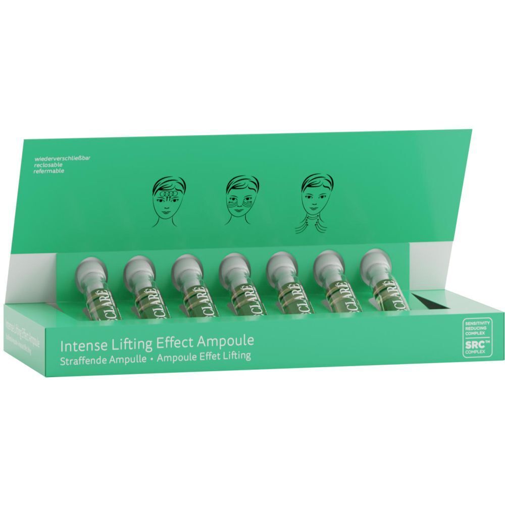 Boîte verte avec 7 ampoules. Inscription: Intense Lifting Effect Ampoule. Ampoules en verre avec bouchons blancs.
