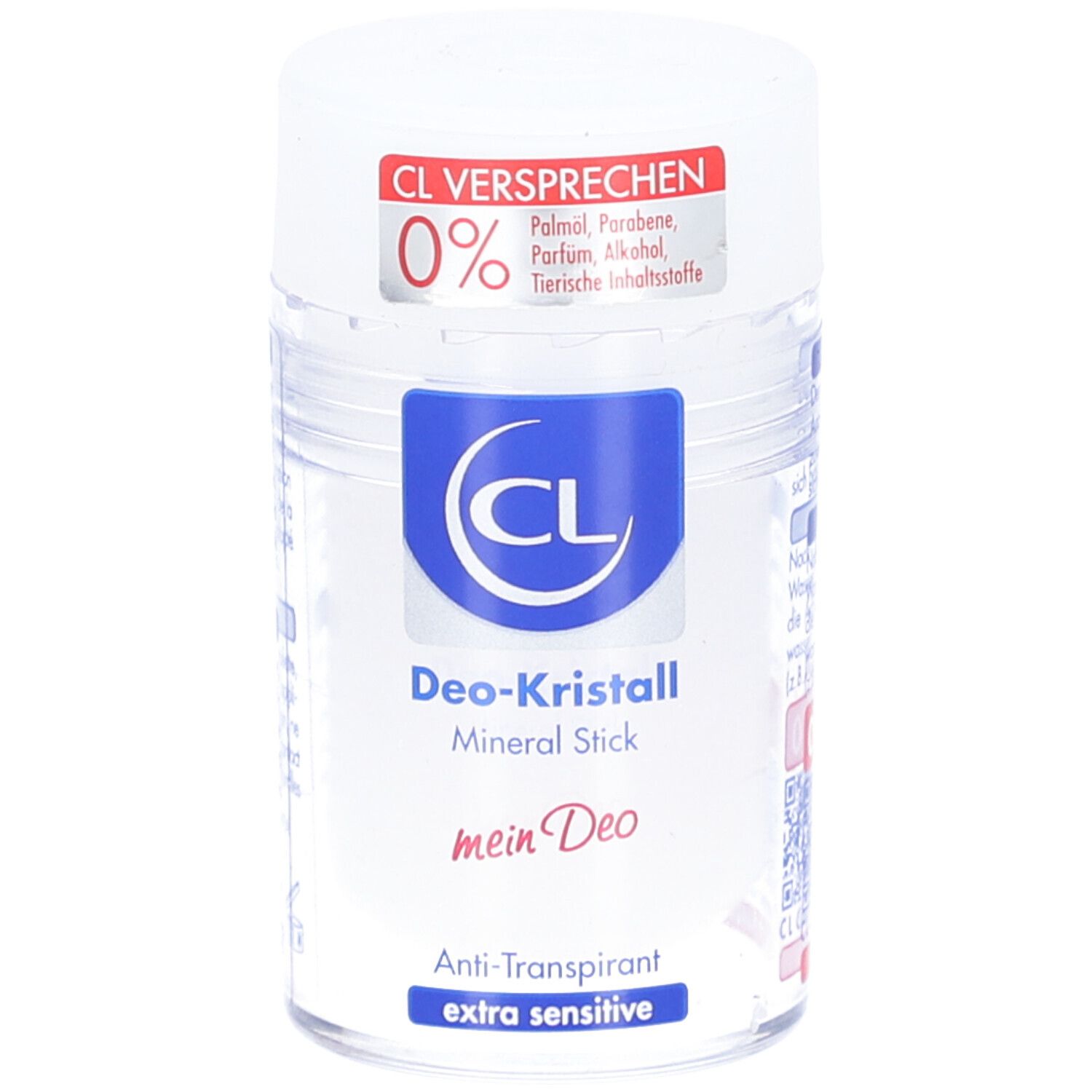 Deo-Kristall Mineral Stick. Weißer Stick mit blauem Logo und rotem Aufkleber. Anti-Transpirant, extra sensitive.