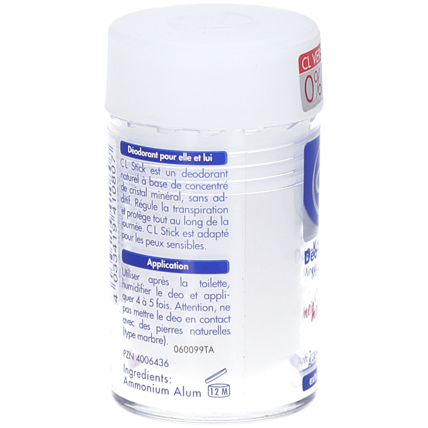 Deo-Kristall Mineral Stick. Rückseite mit Text. Inhaltsstoffe: Ammonium Alum. 12M-Symbol. Vegan-Siegel.
