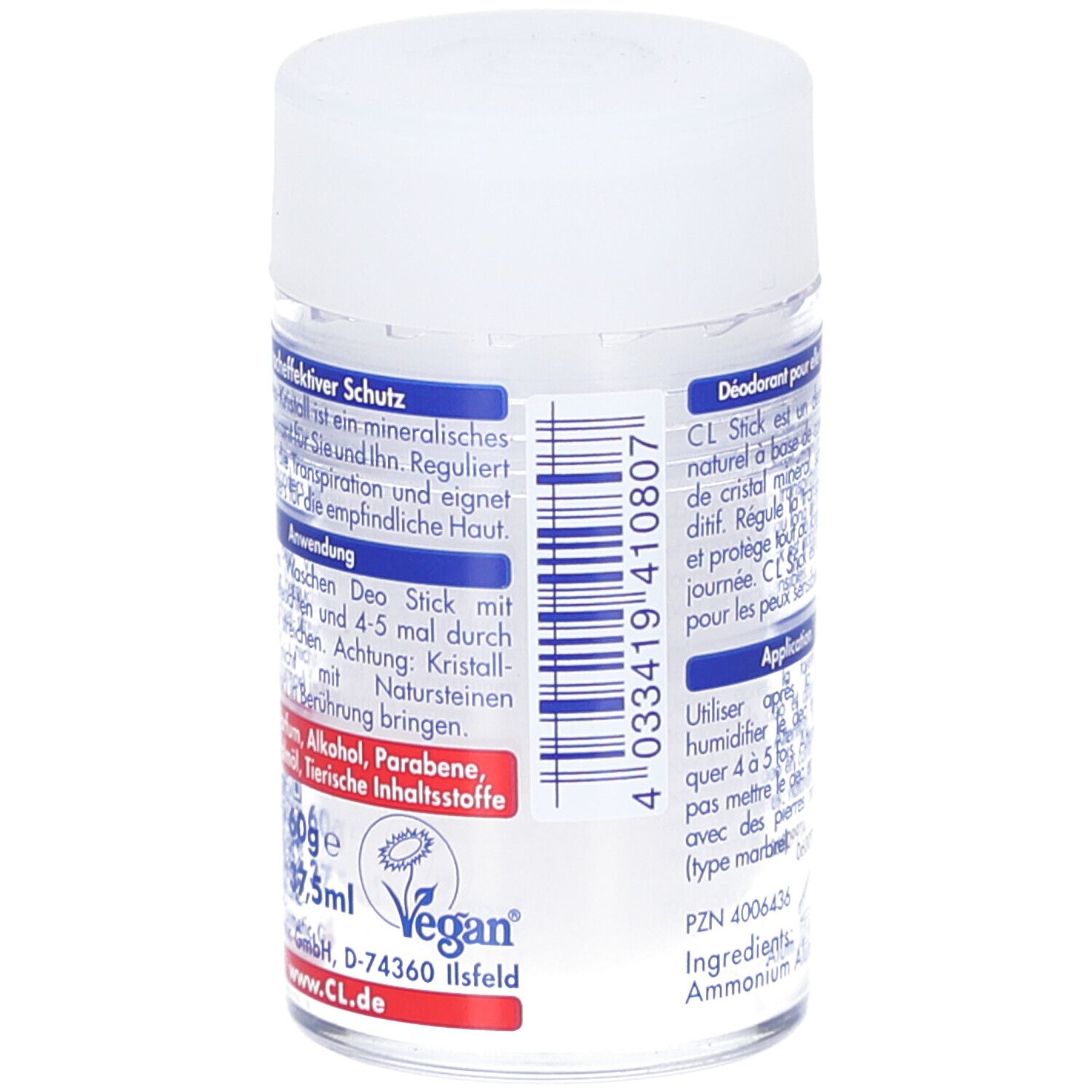 Deo-Kristall Mineral Stick. Rückseite mit Text. Vegan-Siegel. 60g, 37,5ml. Frei von Inhaltsstoffen.