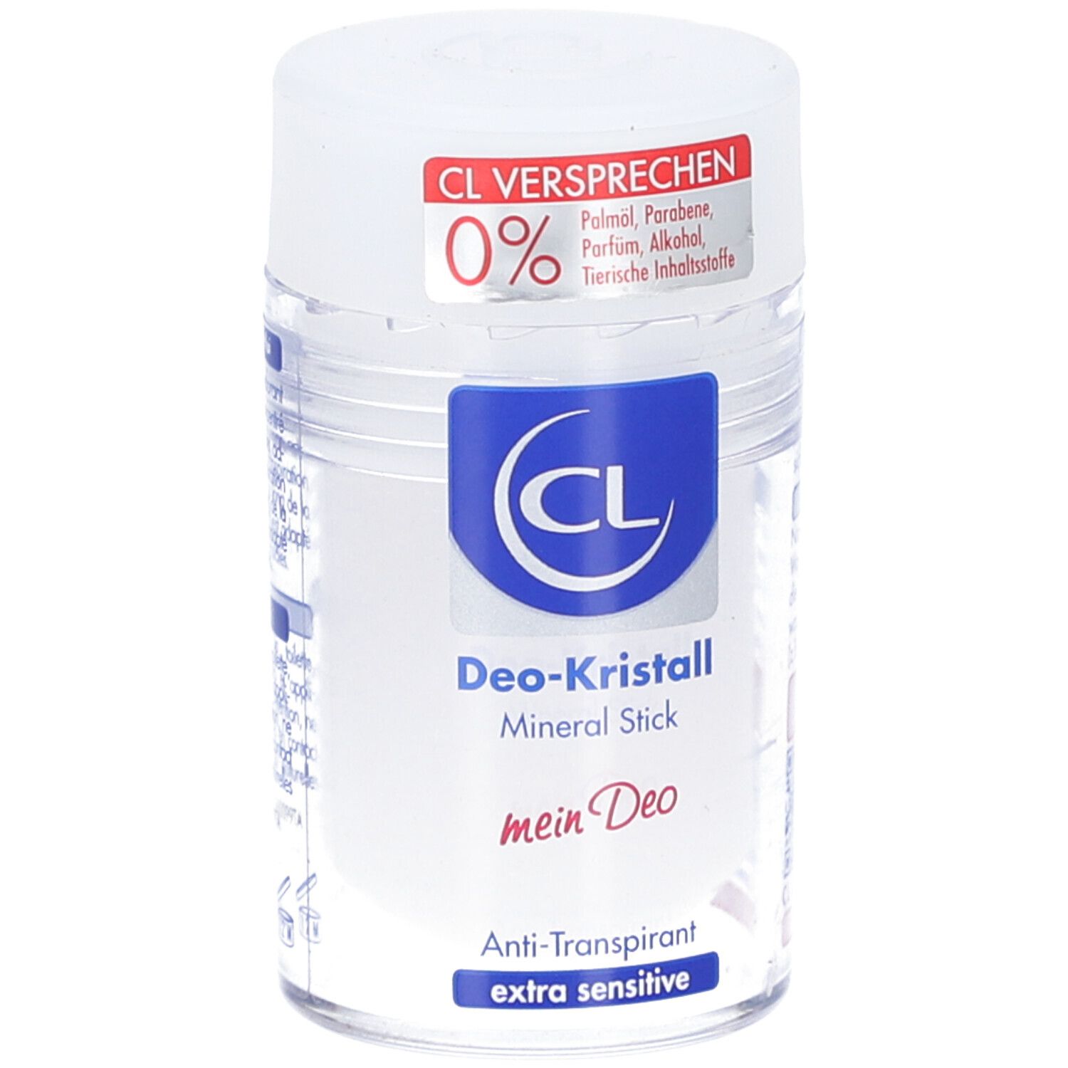 Deo-Kristall Mineral Stick. Weißer Stick mit blauem Logo und rotem Aufkleber. Anti-Transpirant, extra sensitive.