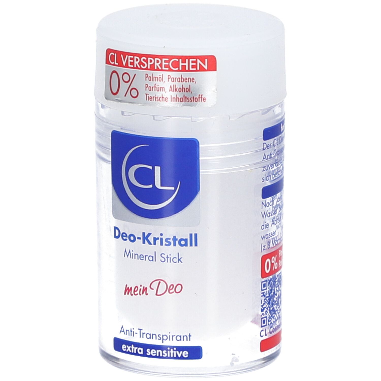 Deo-Kristall Mineral Stick. Weißer Stick mit blauem Logo und rotem Aufkleber. Anti-Transpirant, extra sensitive.