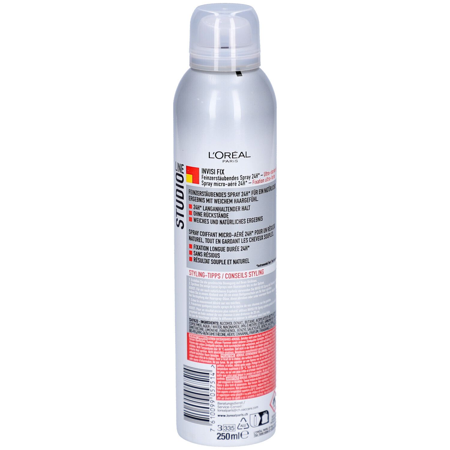 Rückseite der Haarspray-Dose. Textinformationen, Inhaltsstoffe und Warnhinweise. Volumenangabe: 250ml.