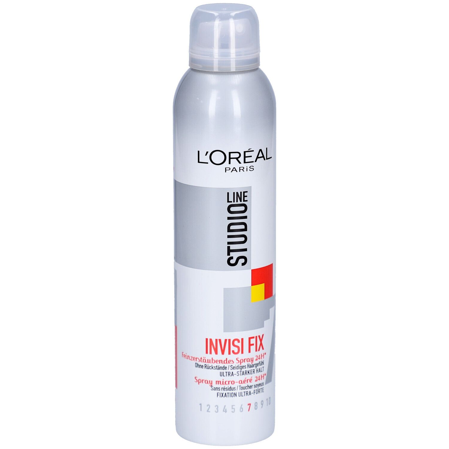 Haarspray-Dose, L'Oréal Paris Studio Line Invisi Fix. Silberne Dose mit weißem Deckel. Produktbezeichnungen und Logos.