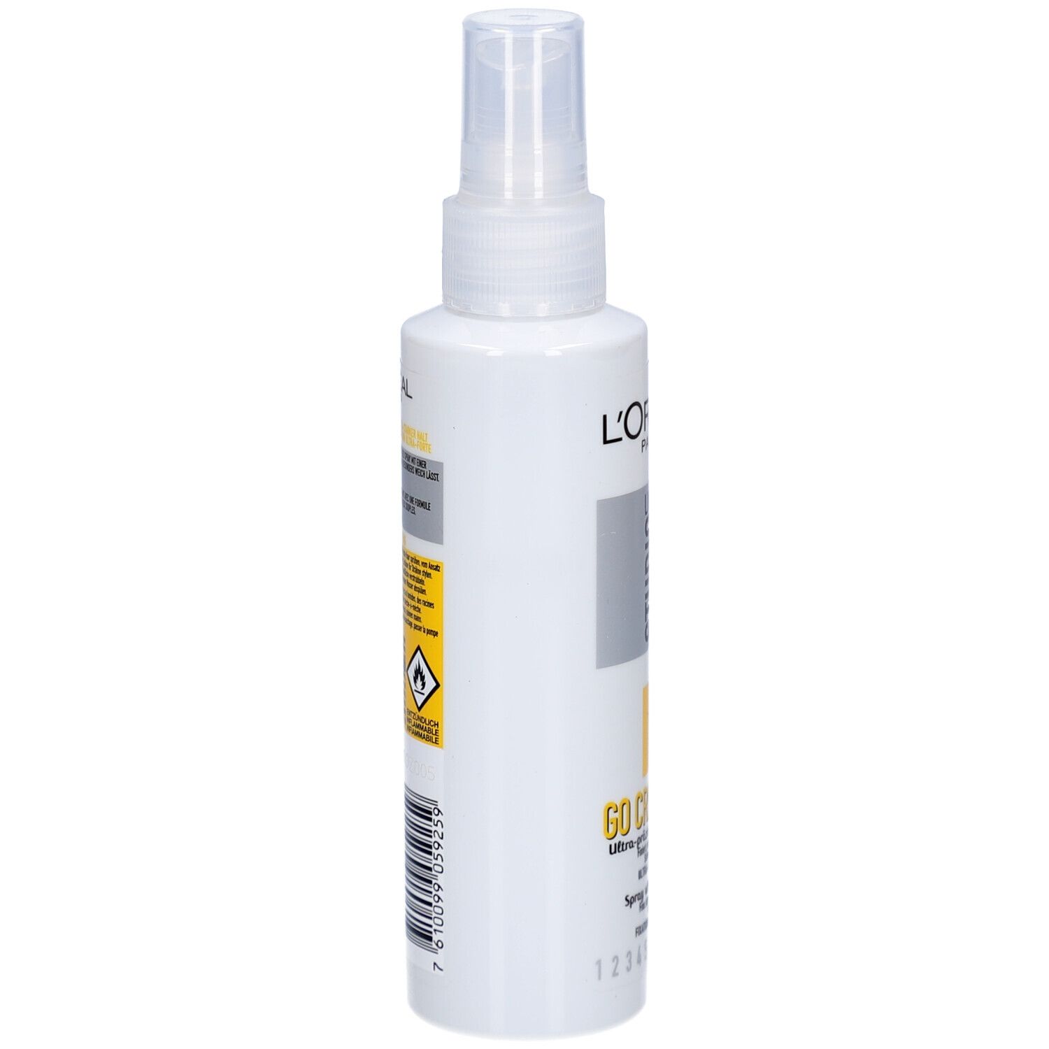L'Oréal Paris Studio Line Go Create Spray. Seitenansicht der Flasche. Gelbe und schwarze Etiketten. Text.