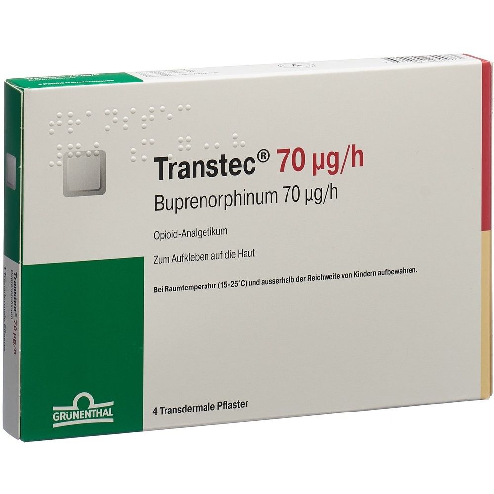 Boîte de Transtec 70 µg/h. Contient 4 patchs transdermiques. Inscription : Buprenorphine 70 µg/h, analgésique opioïde. Logo Grünenthal.