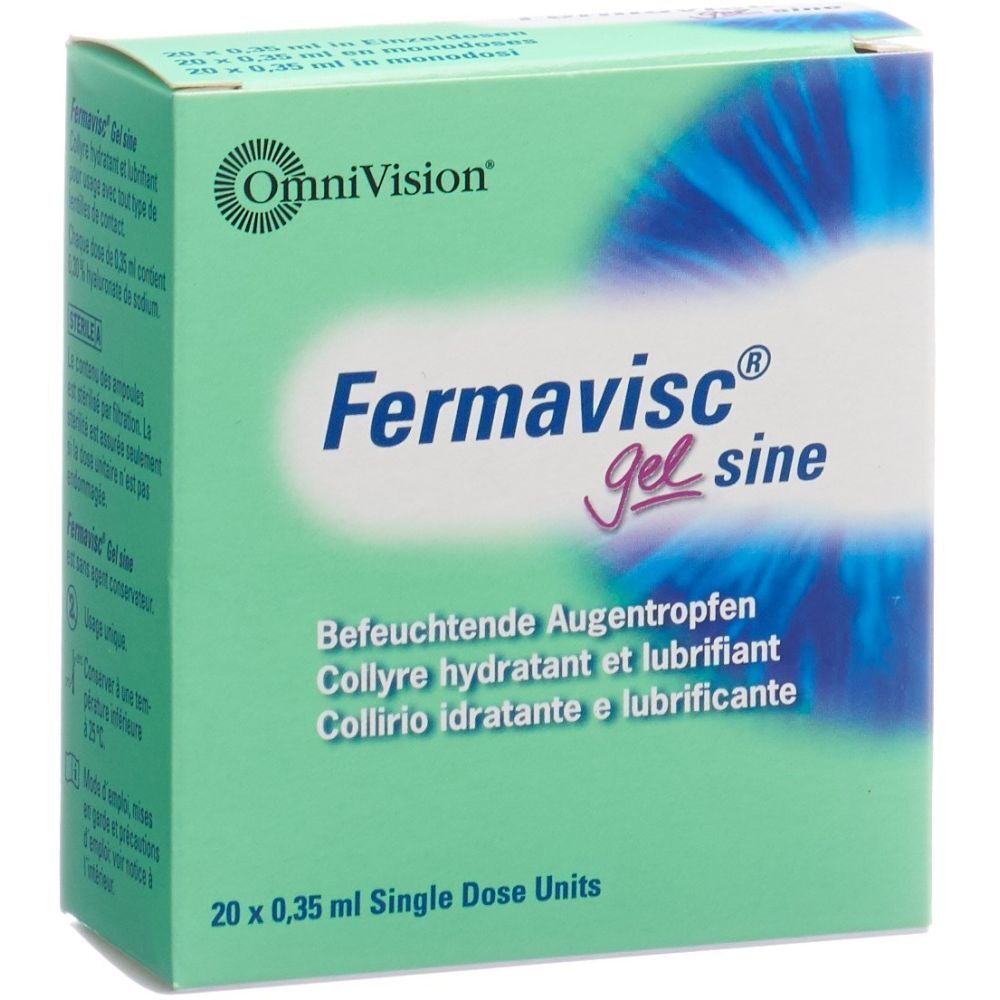 Boîte verte avec impression du produit. Inscription Fermavisc Gel sine. 20 x 0,35 ml unités de dose unique. Logo OmniVision.