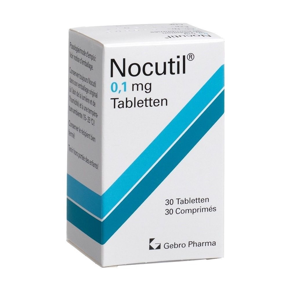 Karton von NOCUTIL Tabletten. Weiß mit blauem diagonalen Streifen. Aufschrift: NOCUTIL, 0,1 mg Tabletten, 30 Stück.