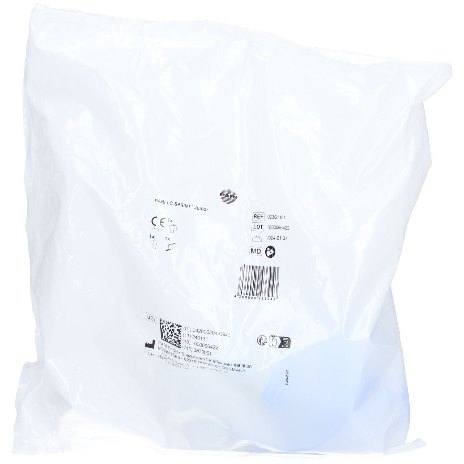 Produkt in transparenter Verpackung. Aufdrucke: PARI LC SPRINT Junior, CE-Zeichen, Chargennummer, Verfallsdatum und Barcode.