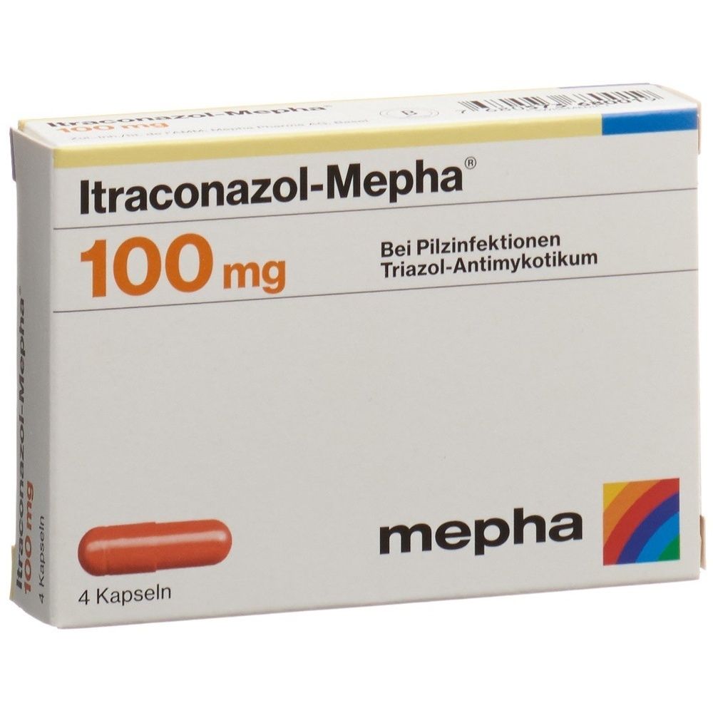 Karton ITRACONAZOL Mepha. Aufschrift: 100 mg, 4 Kapseln. Marke: mepha. Verpackung mit roter und blauer Farbgebung.
