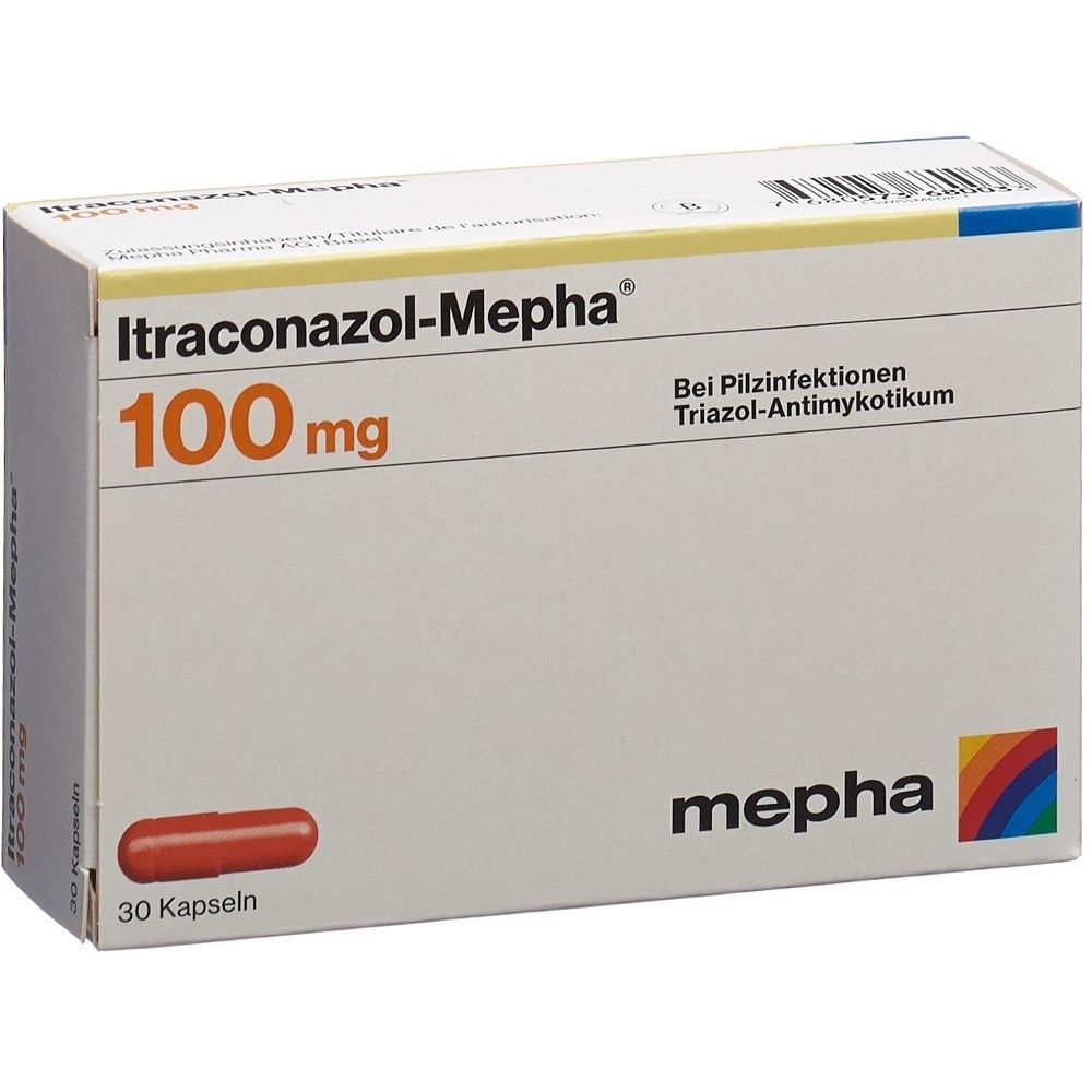 Karton ITRACONAZOL Mepha Kaps 100 mg. Aufschrift: ITRACONAZOL Mepha, 100 mg. Herstellerlogo. Rechteckige Form, weiß, rot und blau.