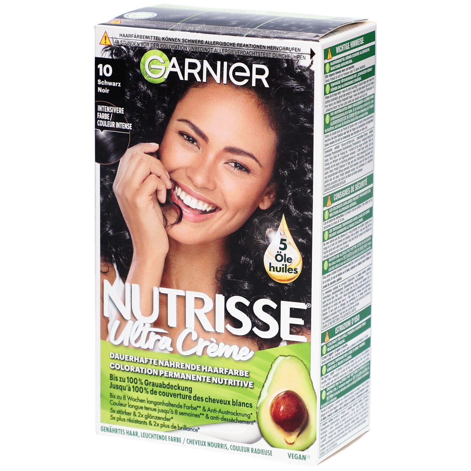 Boîte Garnier Nutrisse, femme souriante, illustration avocat, texte: 10 Noir, Ultra Crème. Huiles.