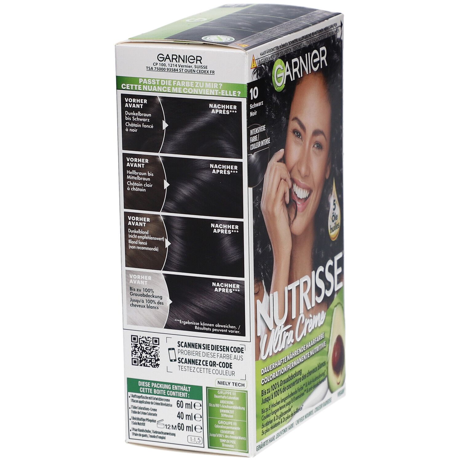 Boîte Garnier Nutrisse, vue latérale, texte: 10 Noir, exemples Avant/Après, code QR.