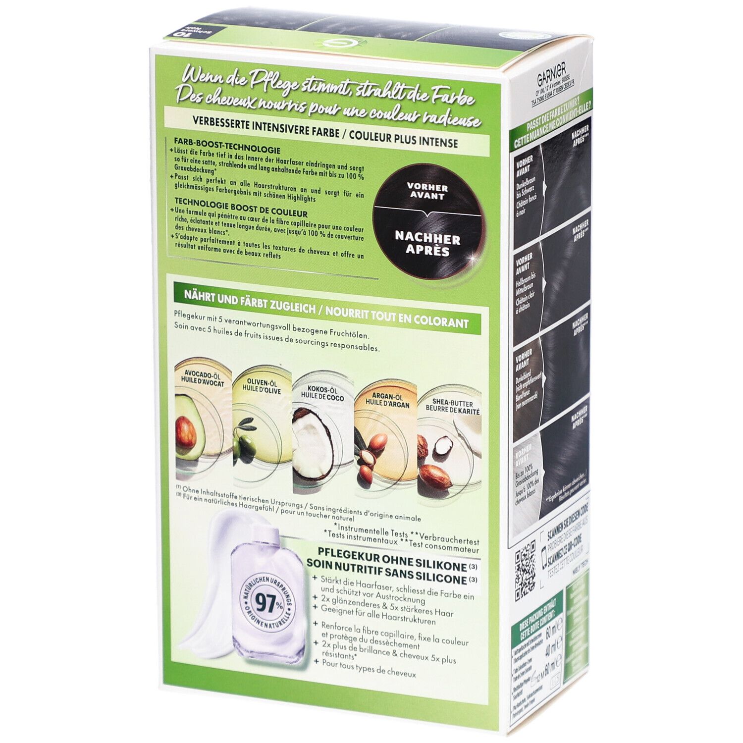 Boîte Garnier Nutrisse, dos, texte: Coloration, 5 huiles, exemples Avant/Après, 97% soin.