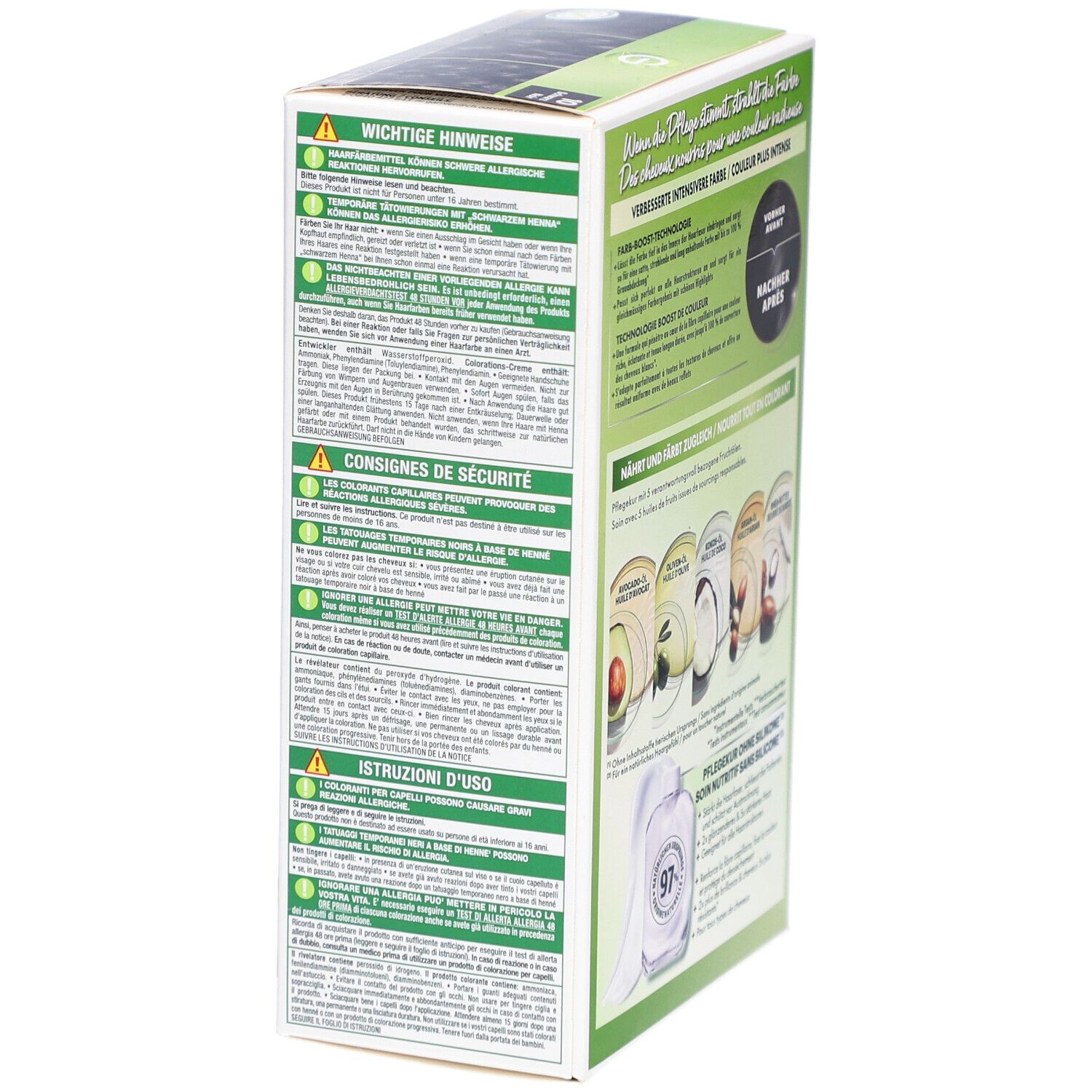 Boîte Garnier Nutrisse, vue latérale, texte: Consignes de sécurité, mode d'emploi, avertissements.