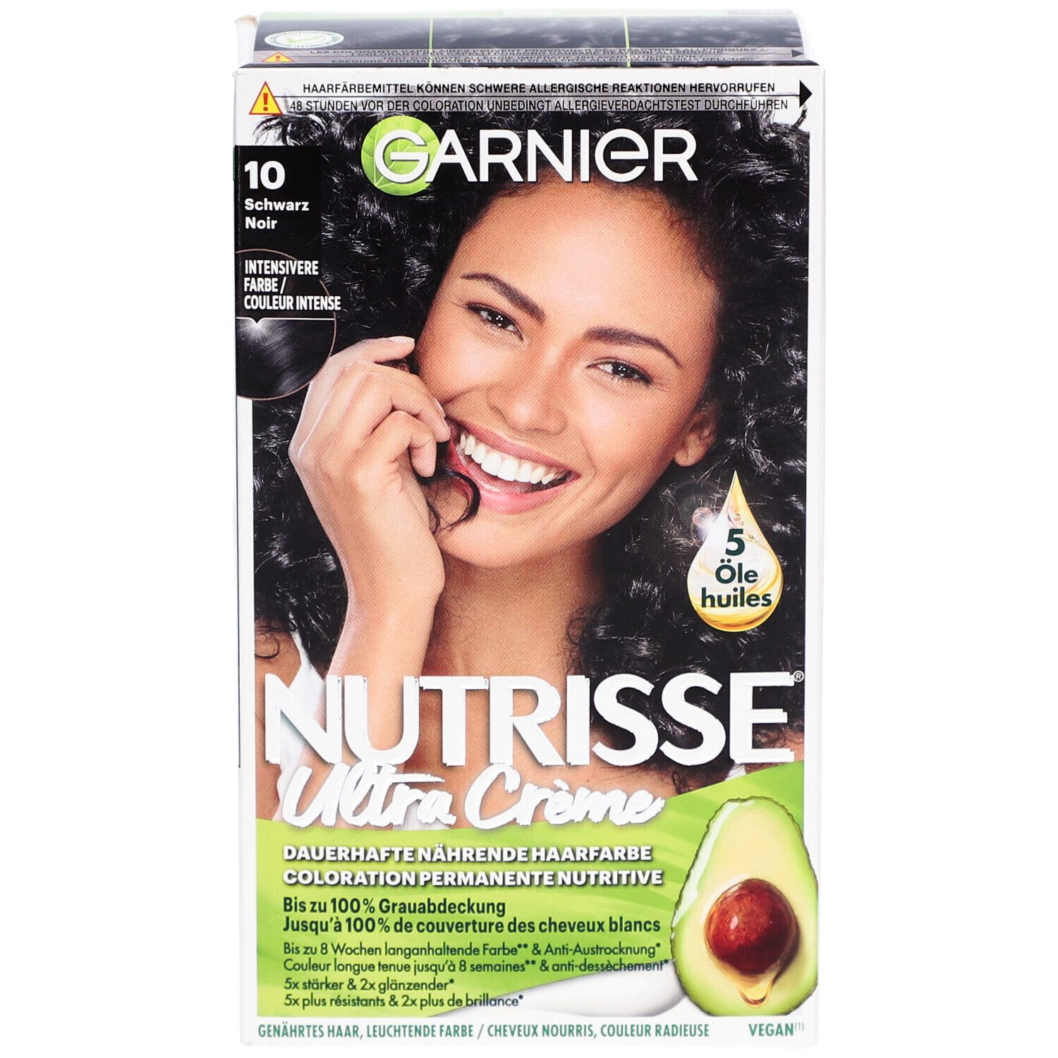 Boîte Garnier Nutrisse, femme, illustration avocat, texte: 10 Noir, Ultra Crème, 5 huiles.