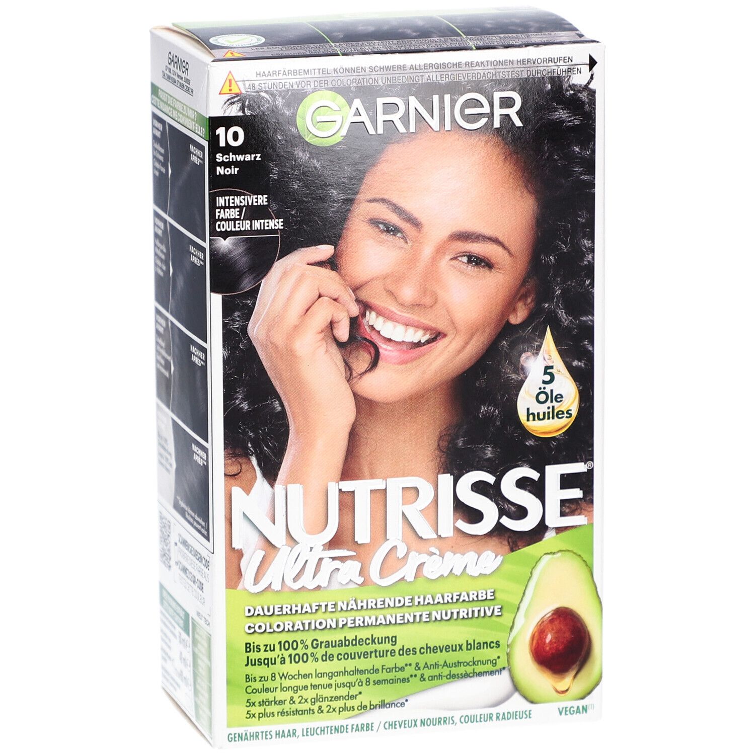 Boîte Garnier Nutrisse, femme, texte: 10 Noir, Ultra Crème, 5 huiles, illustration avocat.