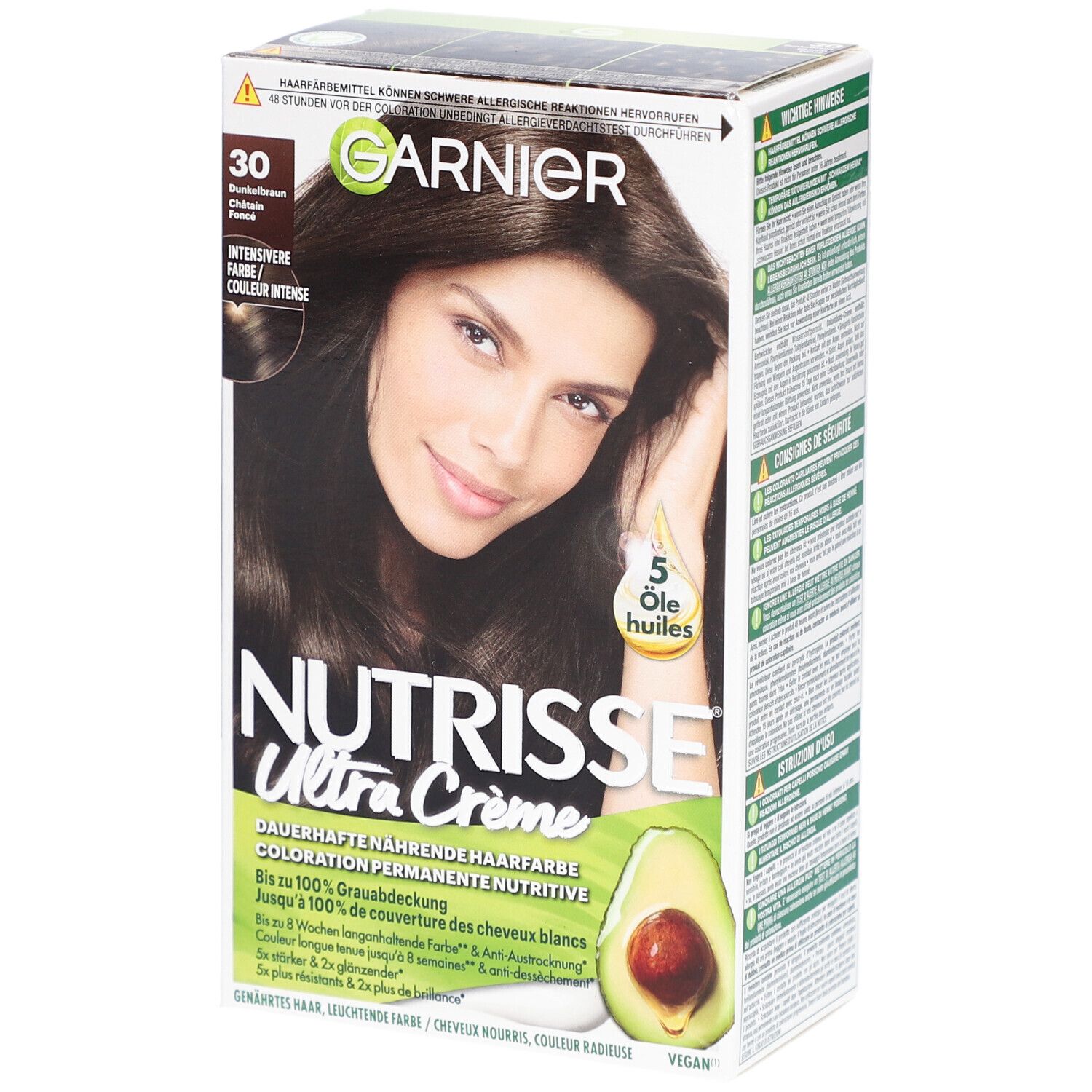 Boîte de coloration capillaire. Garnier Nutrisse Ultra Crème 30 Ebène. Femme aux cheveux bruns. Illustration d'avocat.