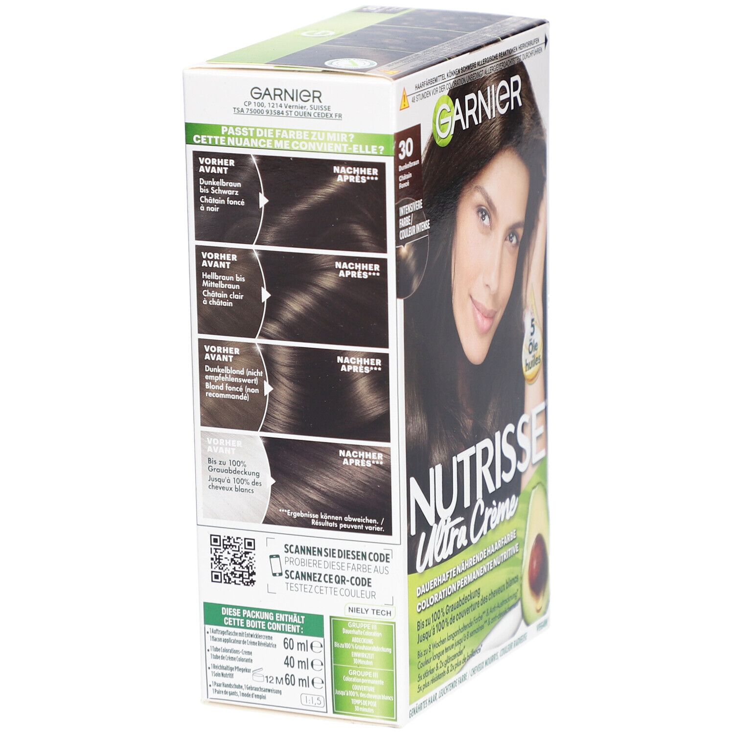 Boîte de coloration capillaire. Garnier Nutrisse Ultra Crème 30 Ebène. Comparaison Avant/Après. Code QR.